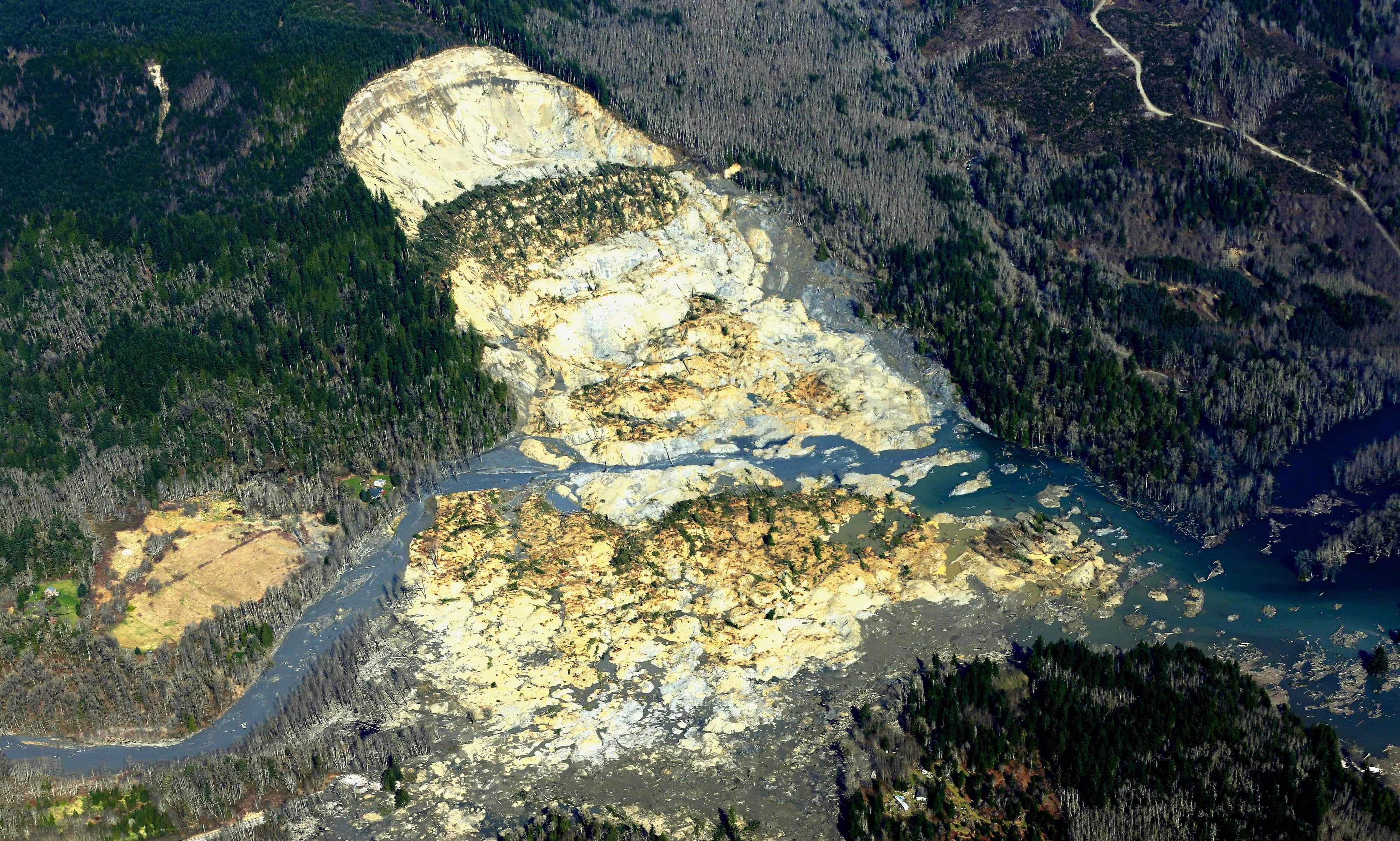 Natural Disaster 桌布 壁紙 — 從高空俯瞰大規模山崩痕跡穿過茂密森林，河流蜿蜒穿過碎石區。