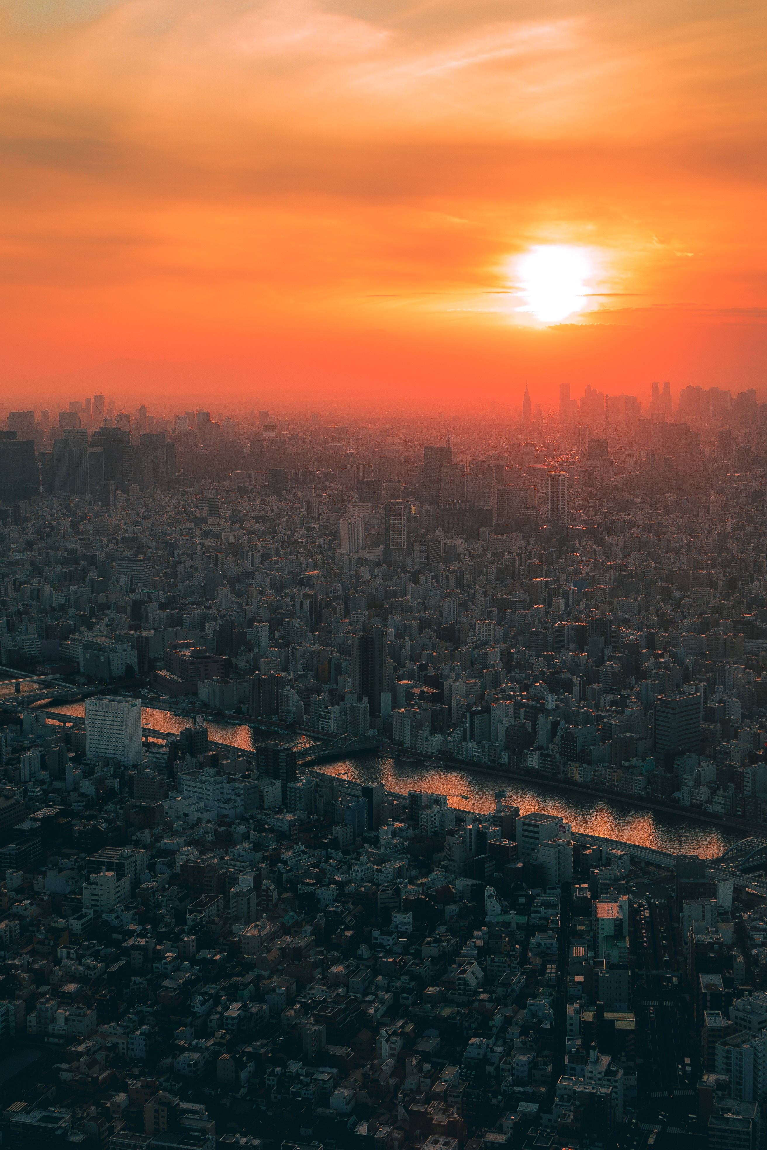 日本 桌布 壁紙 — 從高空俯瞰廣闊的城市景觀，沐浴在熾熱的橙色夕陽光中，蜿蜒的河流穿過密集的城市建築。