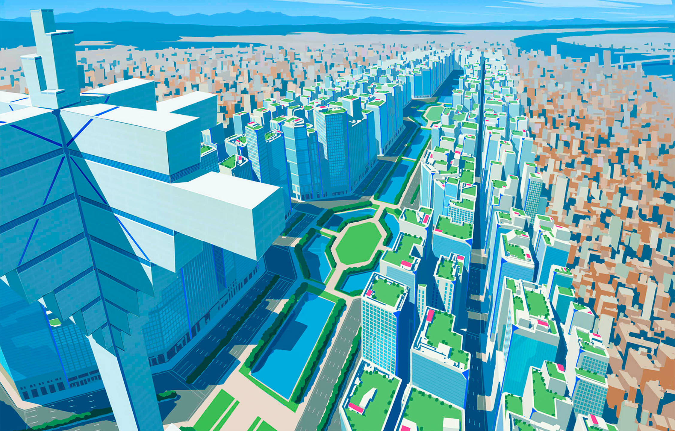 Promare 桌布 壁紙 — 從高空俯瞰未來城市景觀，聳立的藍色玻璃摩天大樓和綠色屋頂，在晴朗的藍天下。