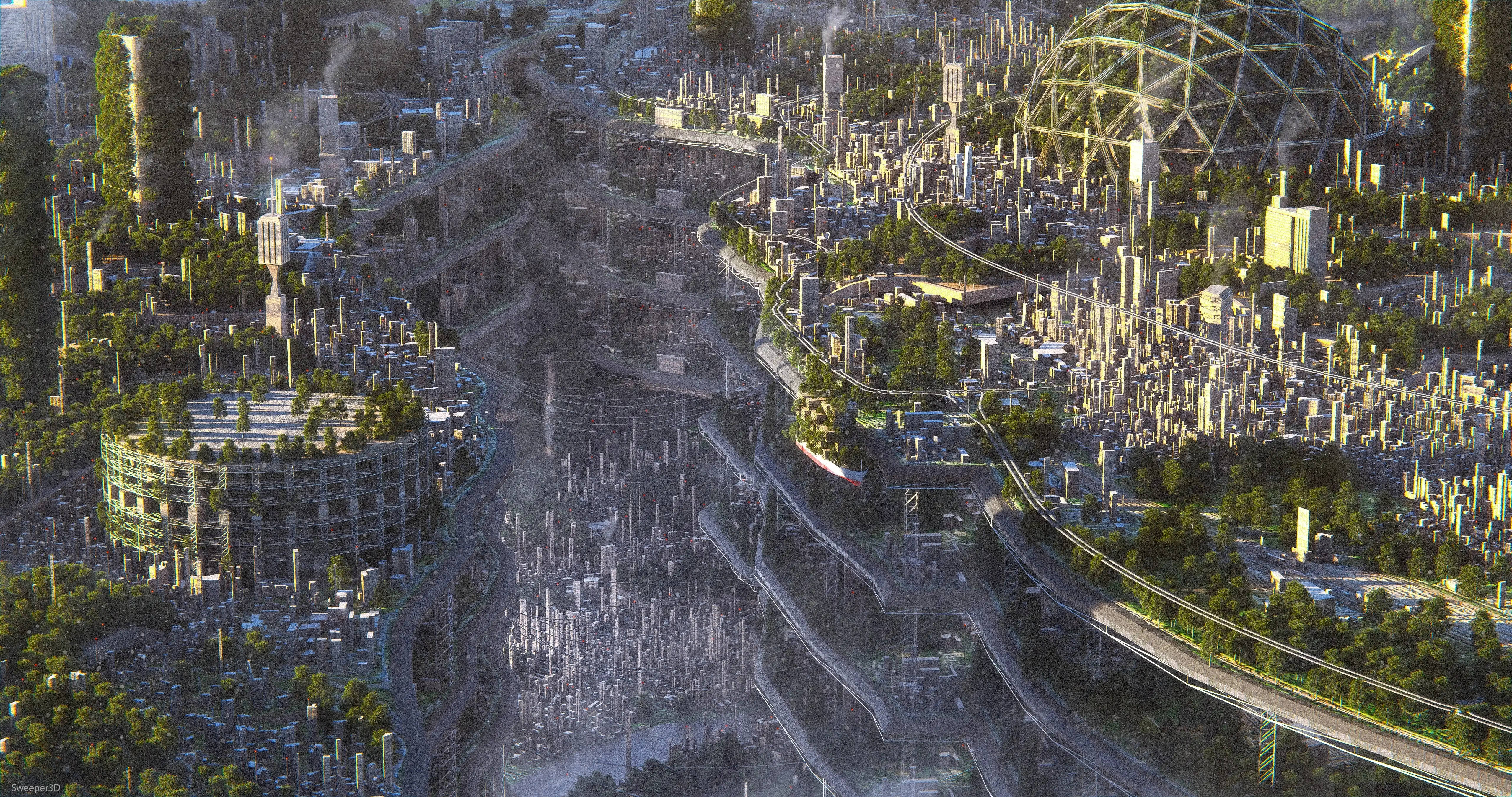 Sci Fi Landscape 桌布 壁紙 — 從高空俯瞰未來城市景觀，高聳的綠色建築和巨大的測地線穹頂嵌入密集的城市基礎設施之中。