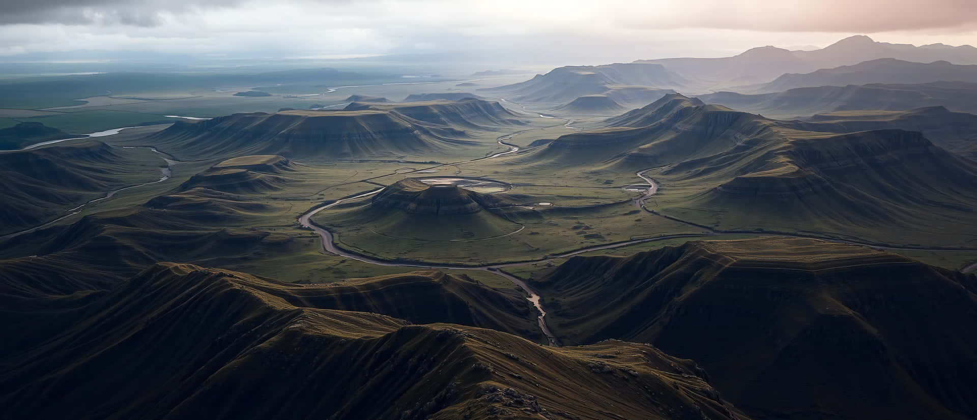 Mountain Landscape 壁紙 — 從高空俯瞰蜿蜒的河流穿過起伏的綠色山丘，天空柔和多雲。