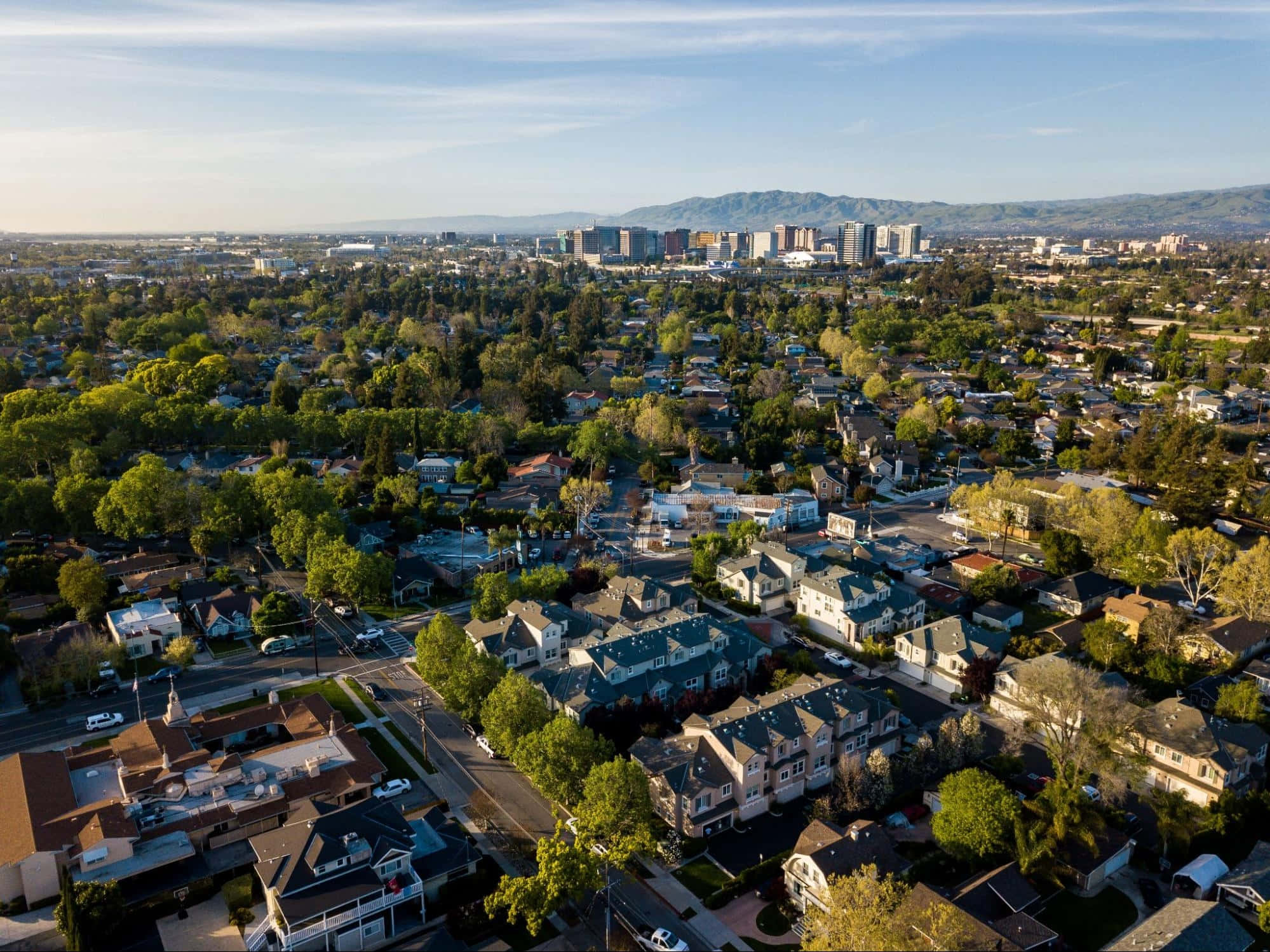 Mountain View 桌布 壁紙 — 從高空俯瞰郊區社區，綠樹成蔭，遠處城市天際線在清澈藍天下清晰可見。