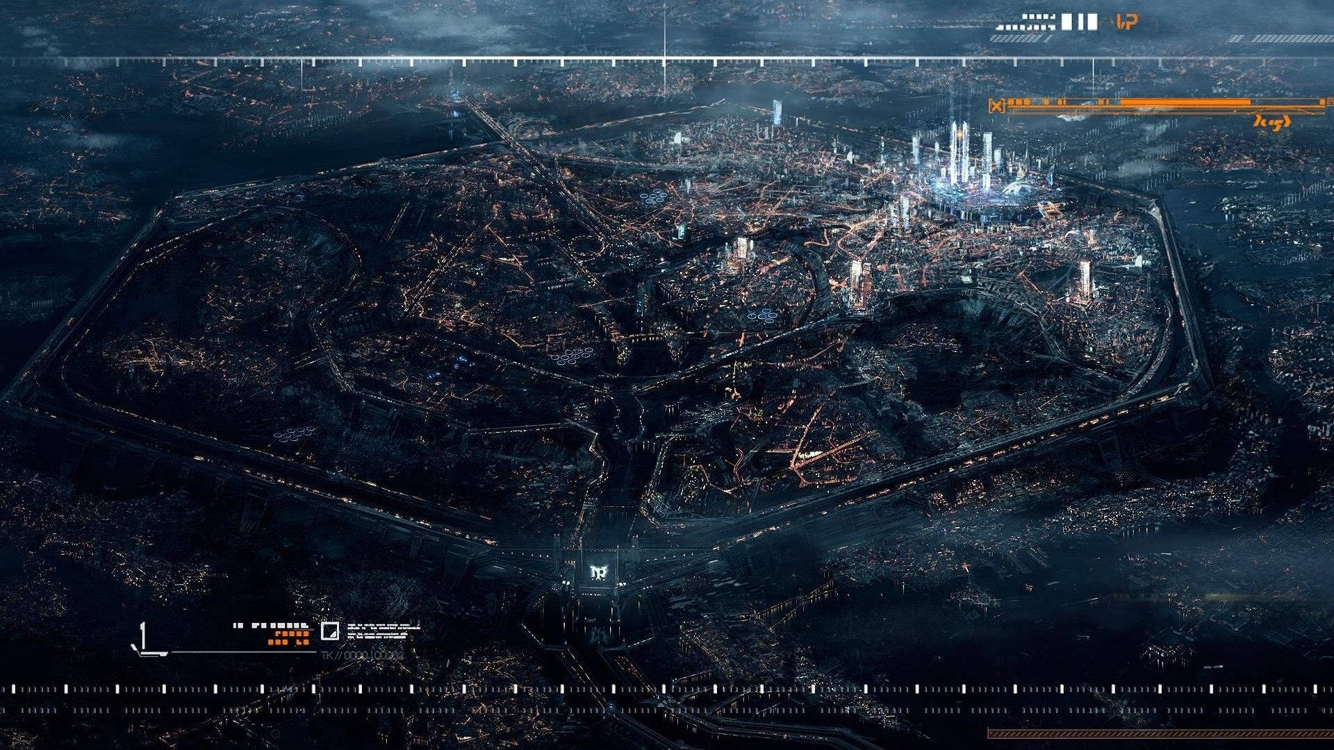 Futuristic City 桌布 壁紙 — 從高處俯瞰，一座未來主義的六邊形城市在黑暗的天空下閃爍著霓虹燈光。