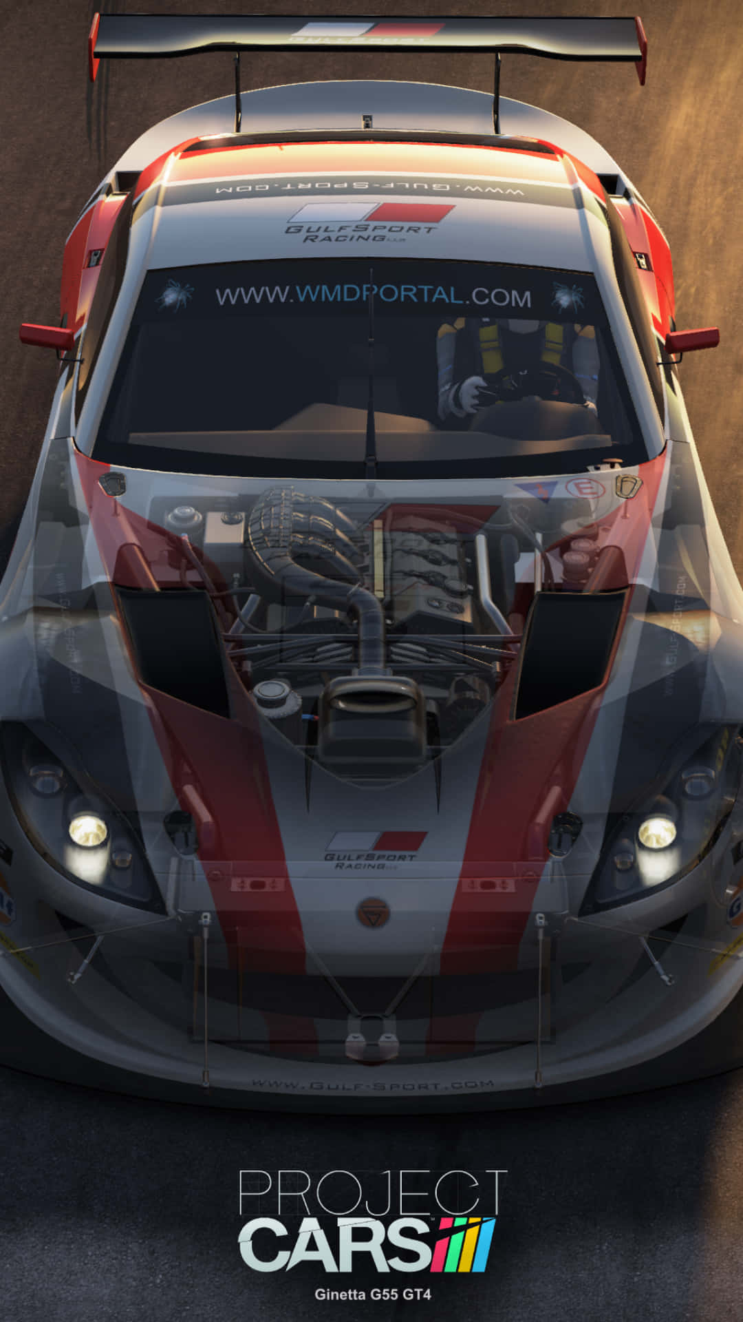 從上到下的紅色和銀色賽車視圖，帶有外露的引擎和車手。 — Project Cars 壁紙