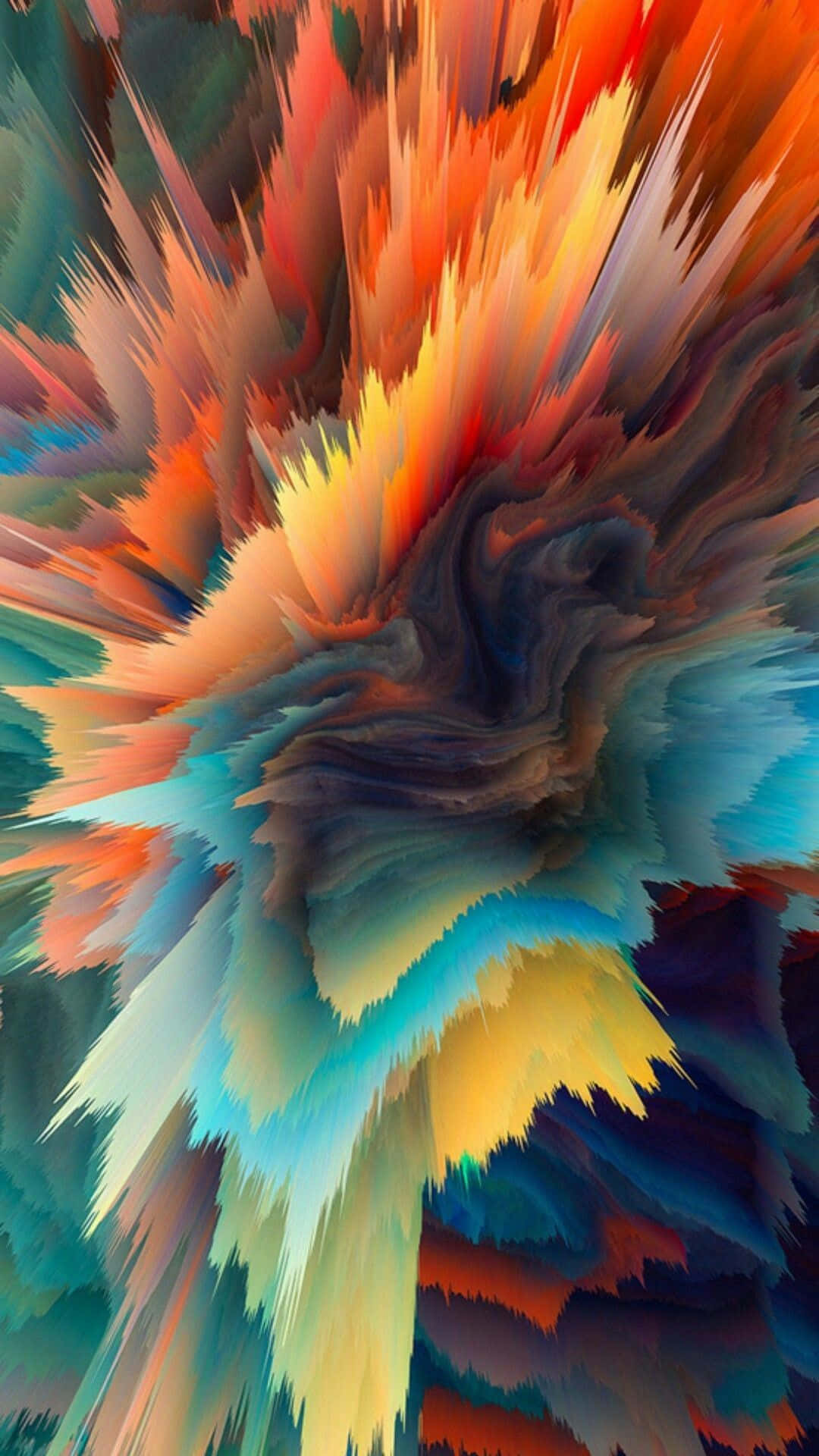 Mix Color 桌布 壁紙 — 從黑暗中心向外輻射的鮮豔抽象爆炸，帶有火橙色、黃色和藍綠色條紋。