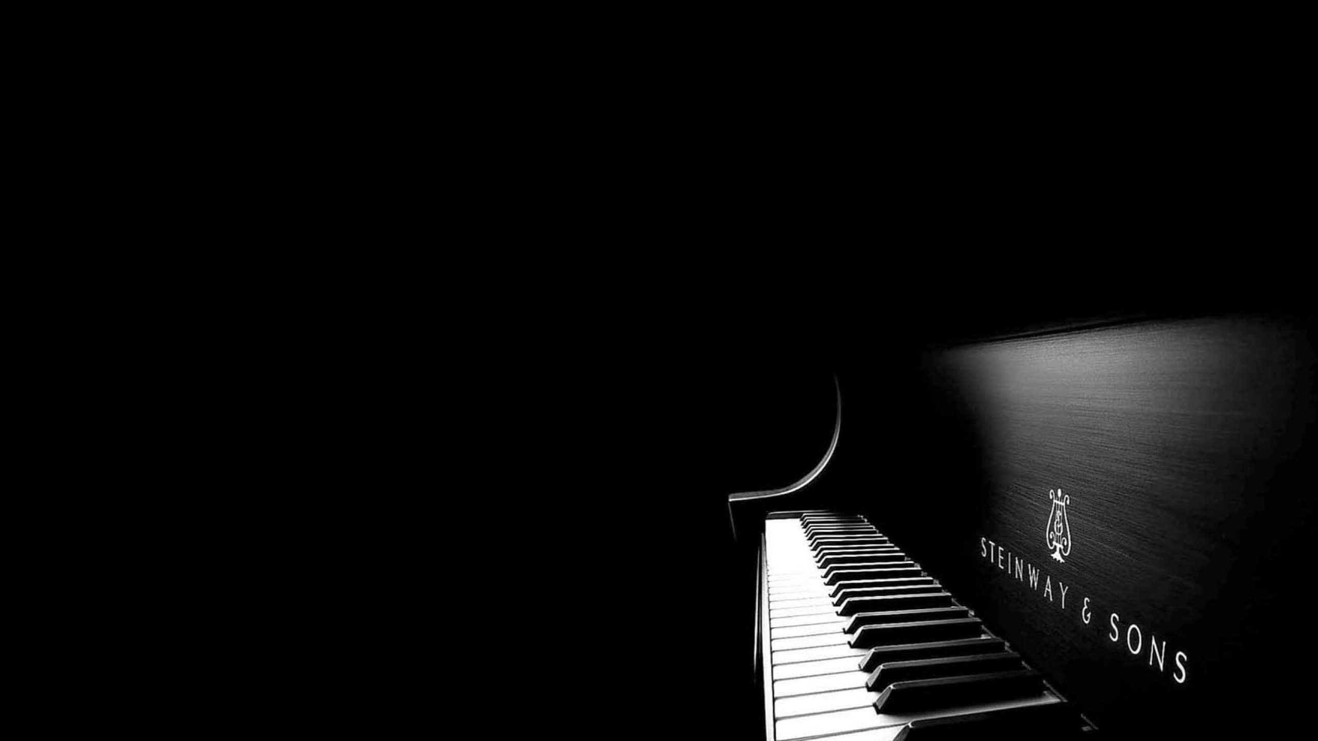 2560x1440 Black 桌布 壁紙 — 從黑暗中浮現的Steinway & Sons平台鋼琴鍵盤和標誌的戲劇性低角度拍攝。