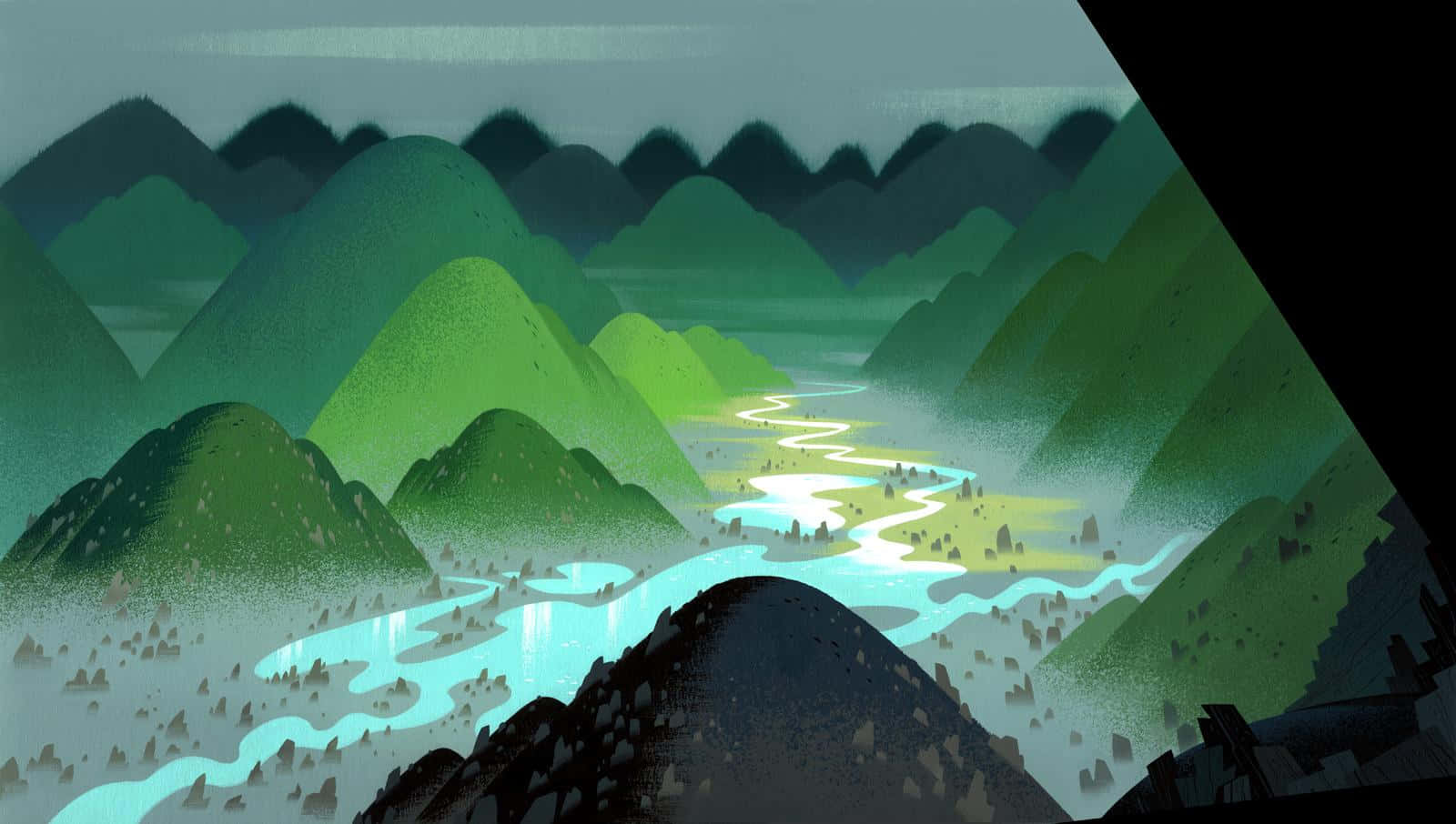 samurai jack 桌布 壁紙 — 從黑暗的前景山峰望去，一條蜿蜒的河流在層疊的綠色山巒間閃爍，天空柔和。