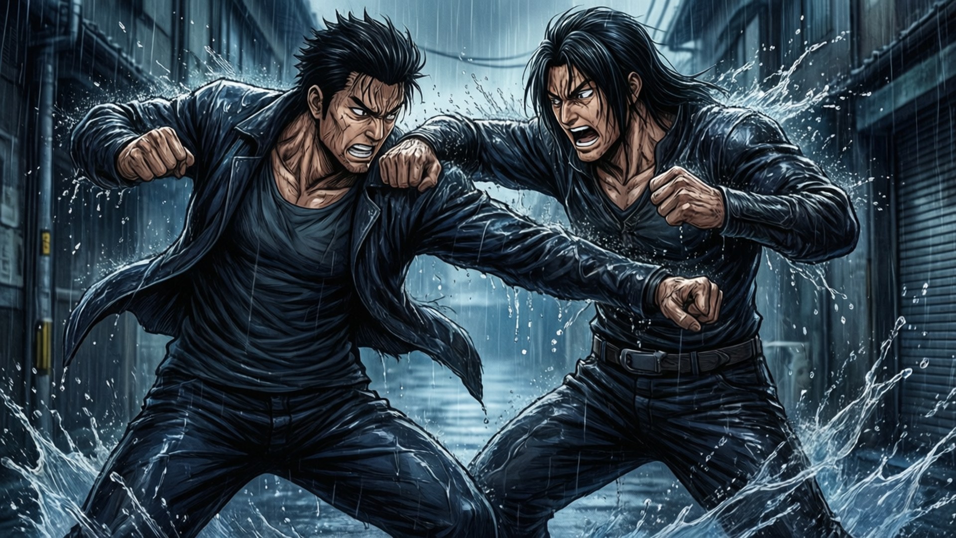 東京復仇者中，千冬與場地在雨中激戰的場景。