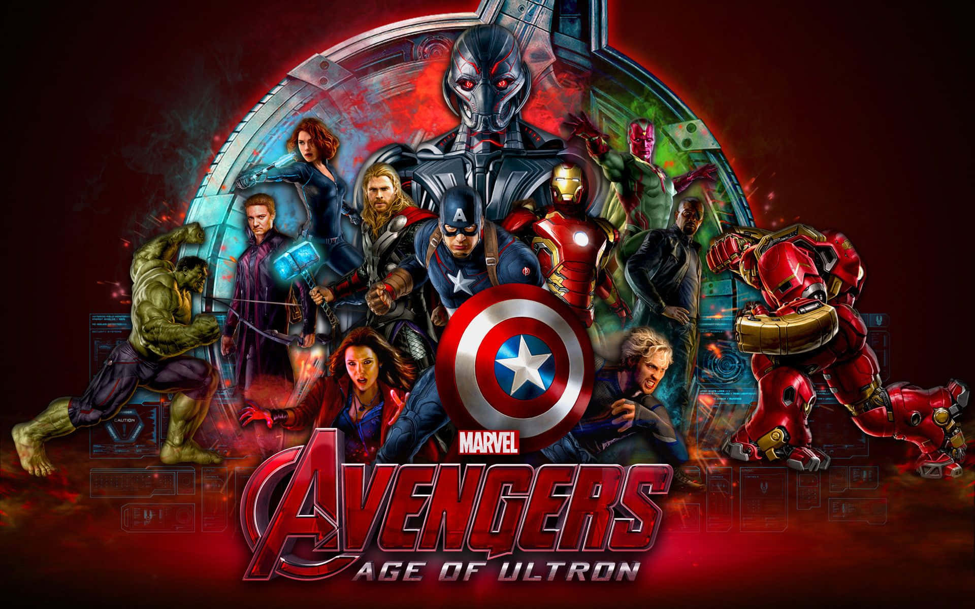 Avengers Laptop 桌布 壁紙 — 復仇者聯盟2：奧創紀元海報， featuring 英雄如浩克、鋼鐵人和美國隊長以動態姿勢站在發光的紅藍圓形傳送門背景前。