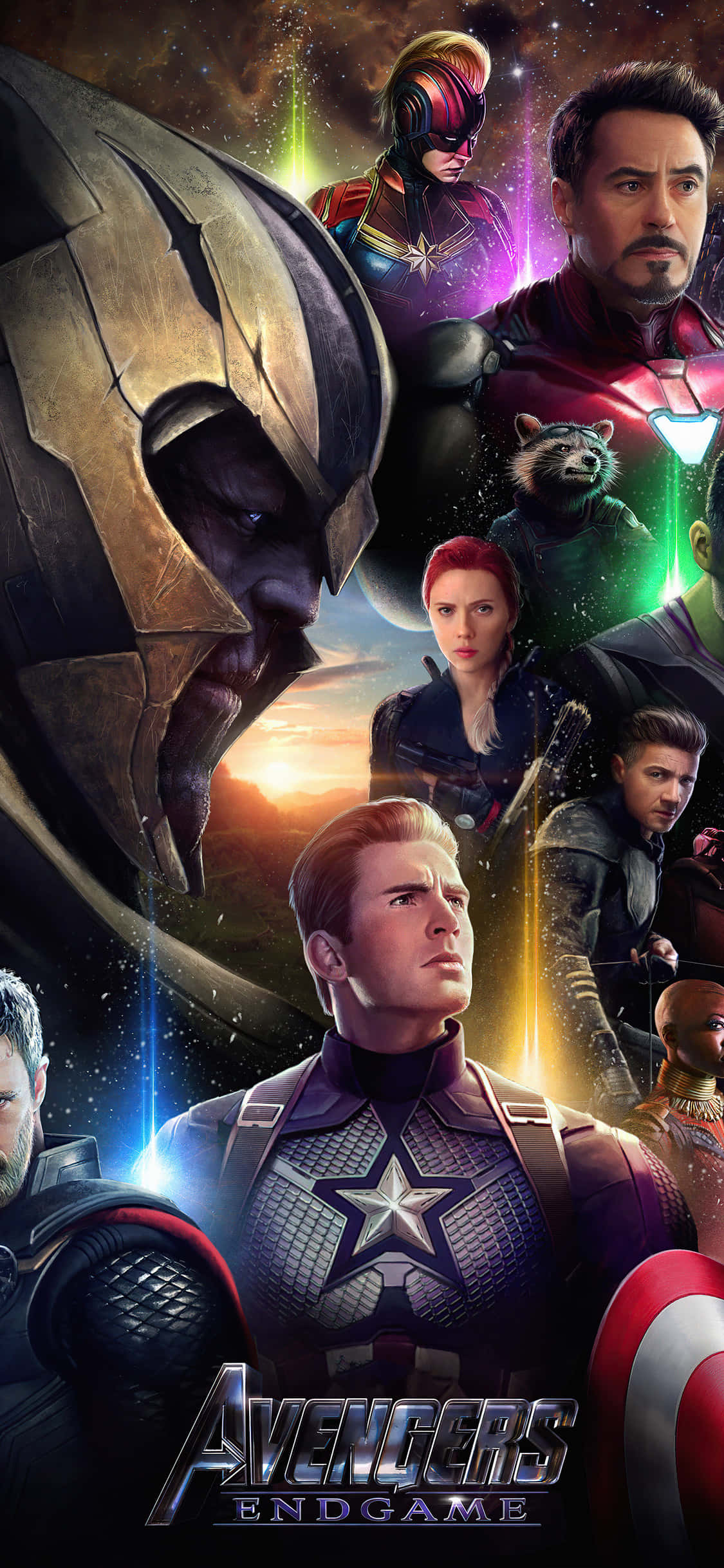 Avengers Movie 桌布 壁紙 — 《復仇者聯盟4：終局之戰》電影海報，美國隊長和其他英雄在宇宙背景下，薩諾斯巨大身影籠罩。