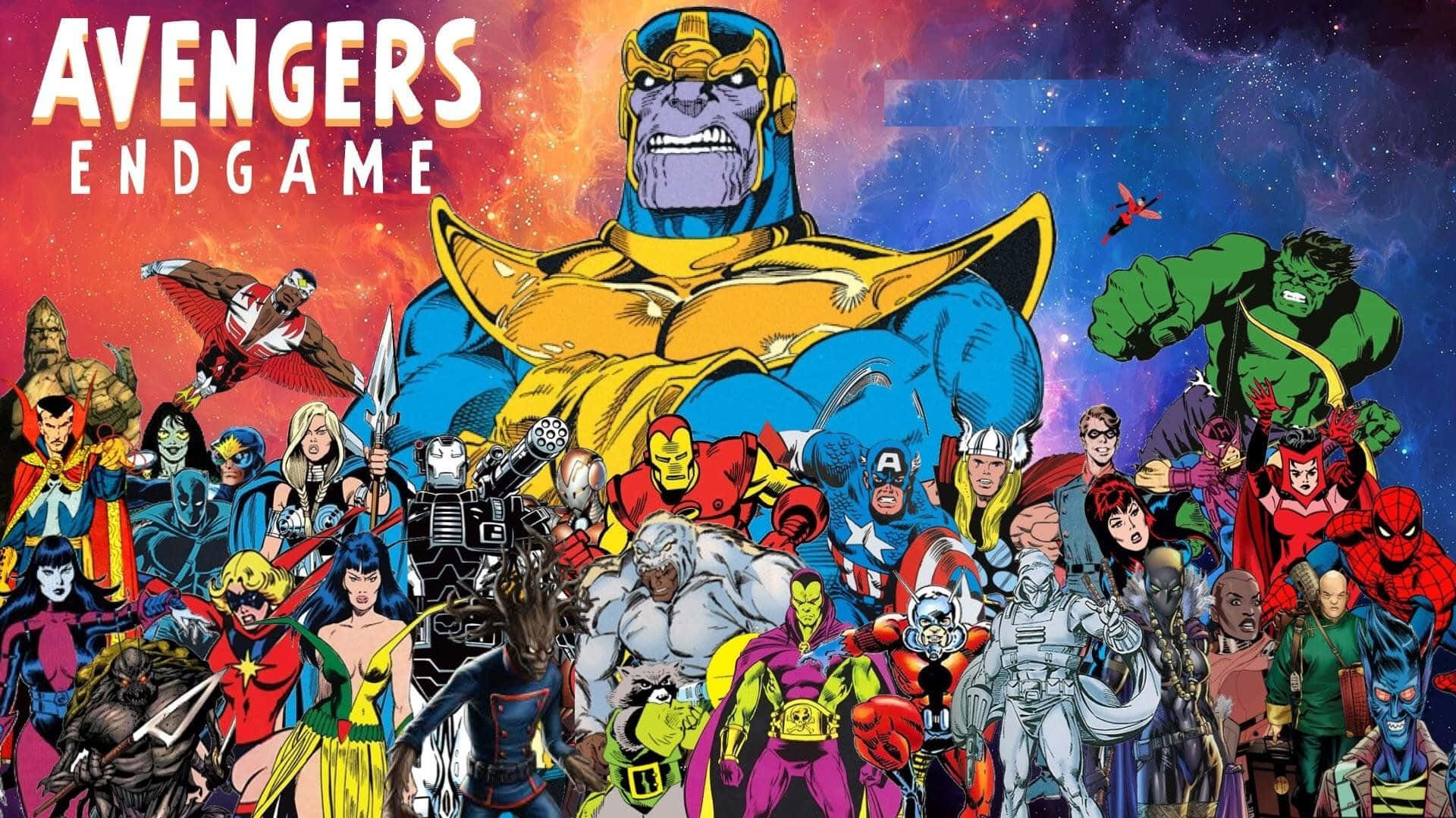 Earth's Mightiest Heroes 桌布 壁紙 — 復仇者聯盟4：終局之戰海報，薩諾斯聳立在色彩繽紛的超級英雄團隊之上，背景是宇宙星空。