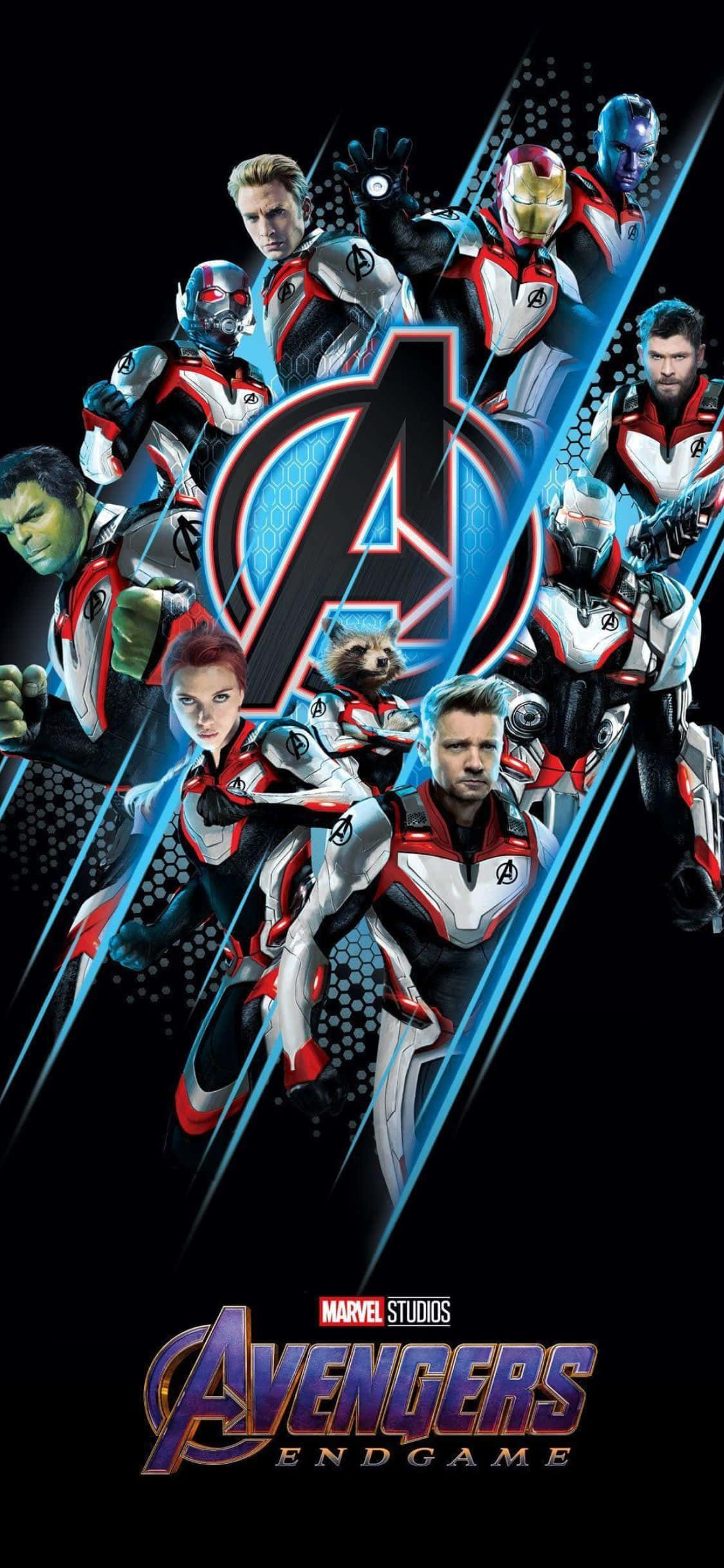 Avengers Endgame iPhone 桌布 壁紙 — 復仇者聯盟4：終局之戰的英雄們身穿紅、白、藍色戰衣，在深色背景的團隊標誌周圍動態擺姿勢。