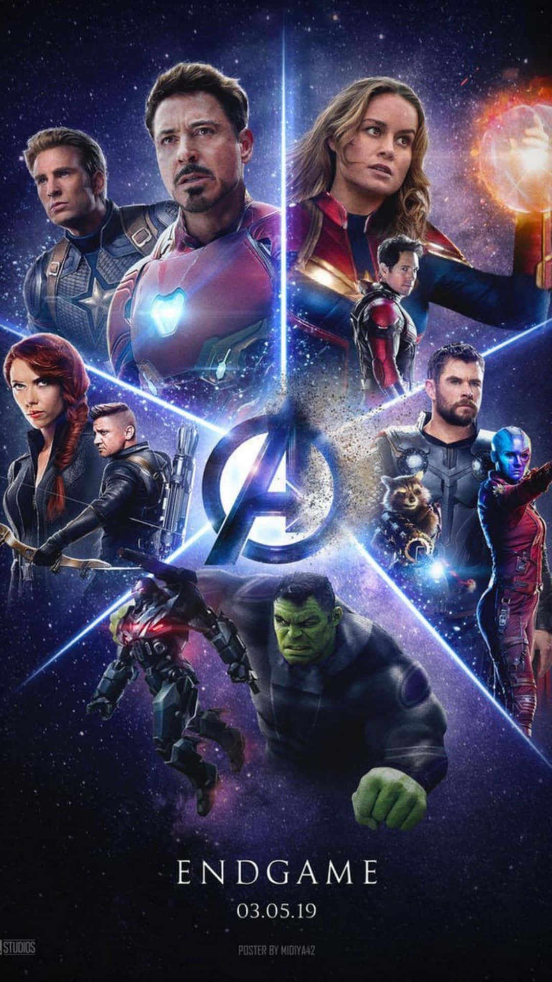 Avengers Endgame iPhone 桌布 壁紙 — 復仇者聯盟4：終局之戰電影海報，展示鋼鐵人、浩克和美國隊長等英雄，背景為宇宙星空和發光能量光束。