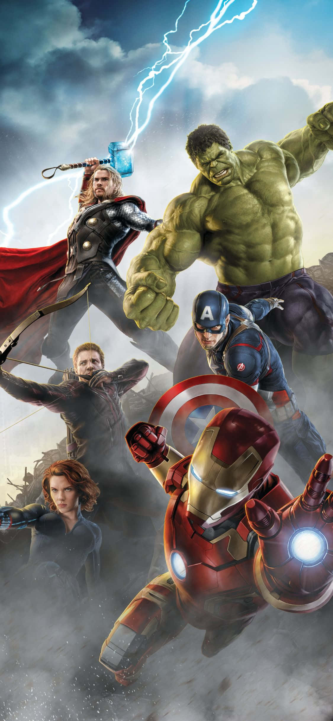 iPhone Xs Avengers 桌布 壁紙 — 復仇者聯盟以動感動作姿勢集結，索爾揮舞閃電，浩克對著暴風雨的天空咆哮。