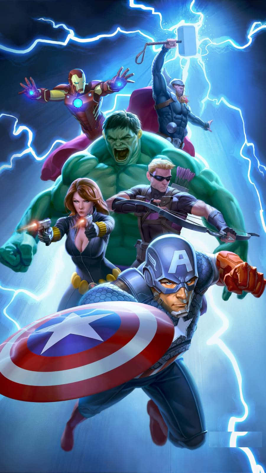 Earth's Mightiest Heroes 桌布 壁紙 — 復仇者聯盟以動感十足的動作姿勢集結，背景是雷電交加的暴風雨天空。