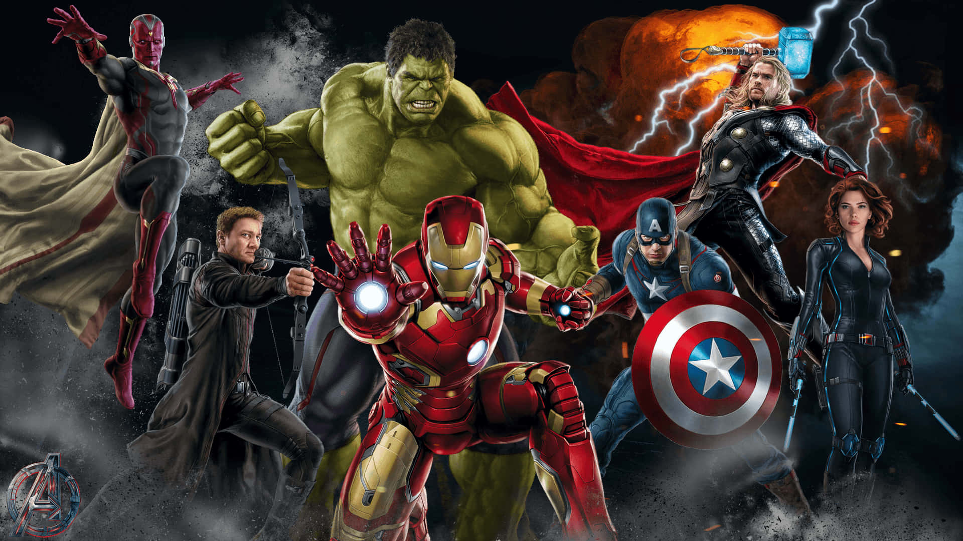 Marvel Movie 桌布 壁紙 — 復仇者聯盟以動感超級英雄姿勢集結，背景是帶有閃電和煙霧的熾熱宇宙場景。
