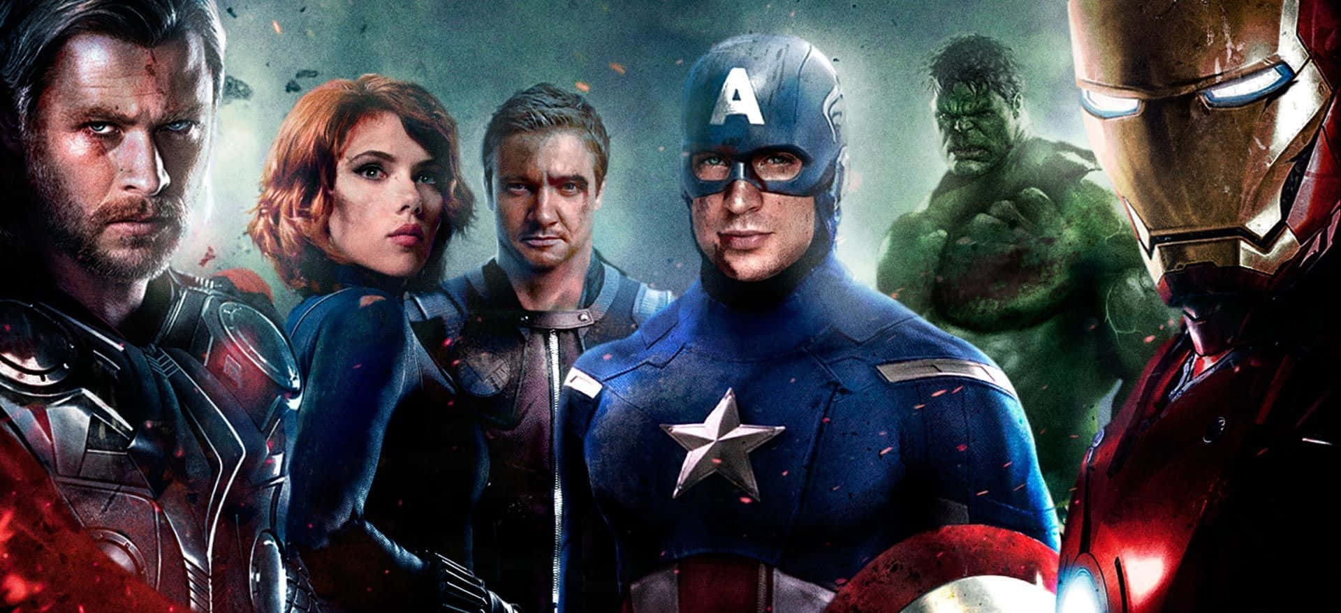 Marvel Movie 桌布 壁紙 — 復仇者聯盟以戲劇性的電影姿勢集結，美國隊長居中，周圍是雷神、黑寡婦、鷹眼、浩克和鋼鐵人。