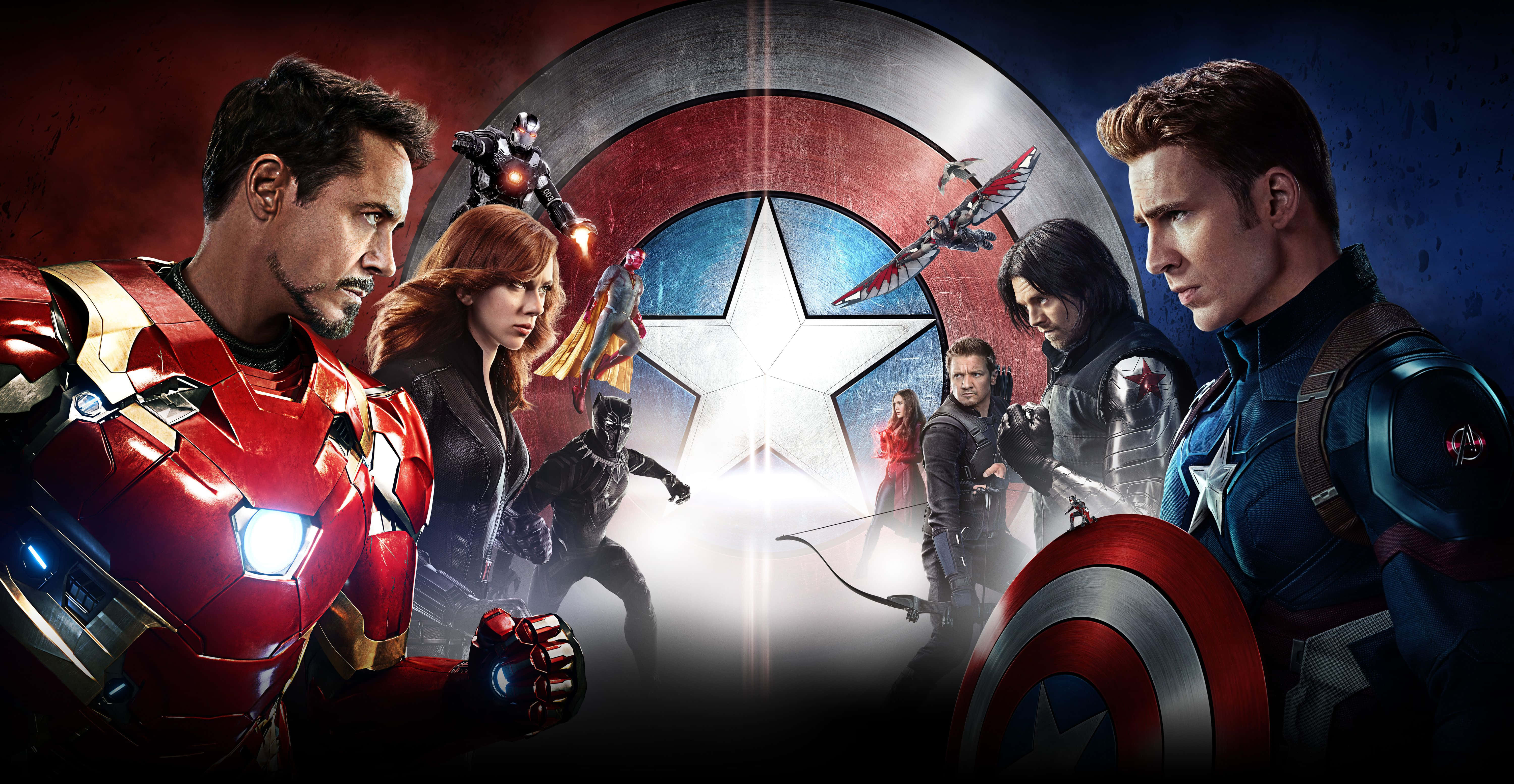 Best Captain America 桌布 壁紙 — 復仇者聯盟以戲劇性的電影姿勢集結，身穿發光盔甲和標誌性盾牌，背景是星爆效果。