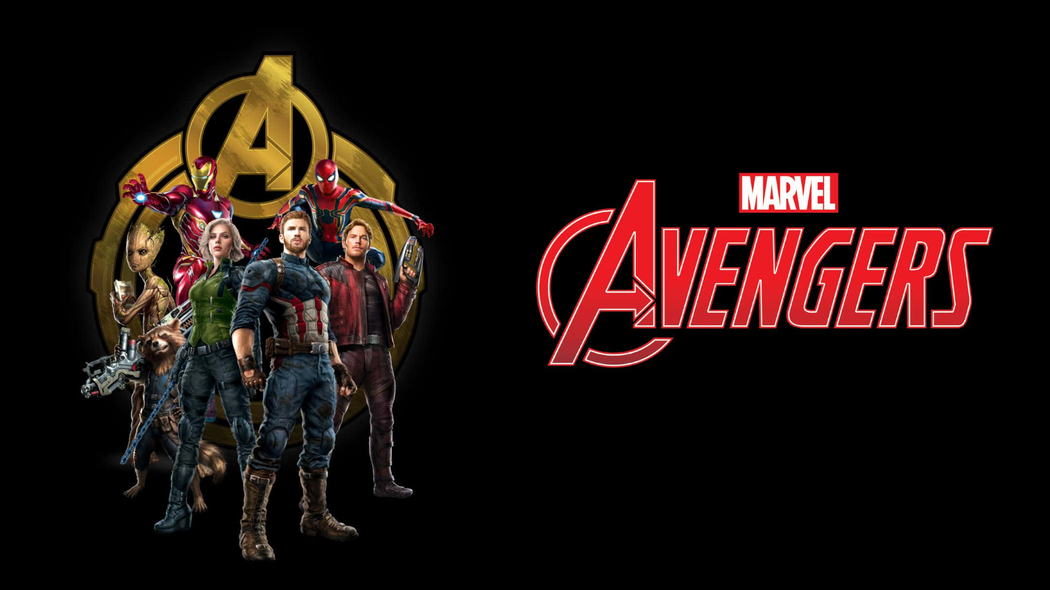 Best Marvel 桌布 壁紙 — 復仇者聯盟團隊在黑色背景前以英雄姿態擺姿勢，帶有發光標誌和粗體紅色標題。
