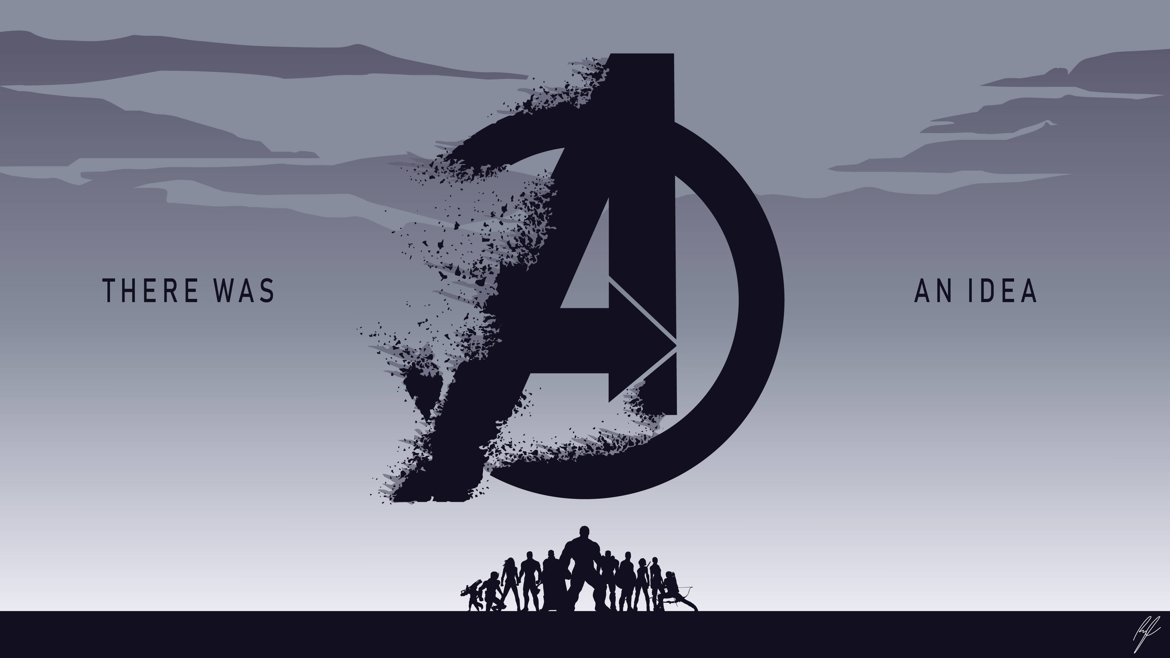 Marvel Minimalist 桌布 壁紙 — 復仇者聯盟團隊的極簡剪影站在一個破碎的「A」標誌下方，背景是漸變天空，並帶有文字「THERE WAS AN IDEA」。