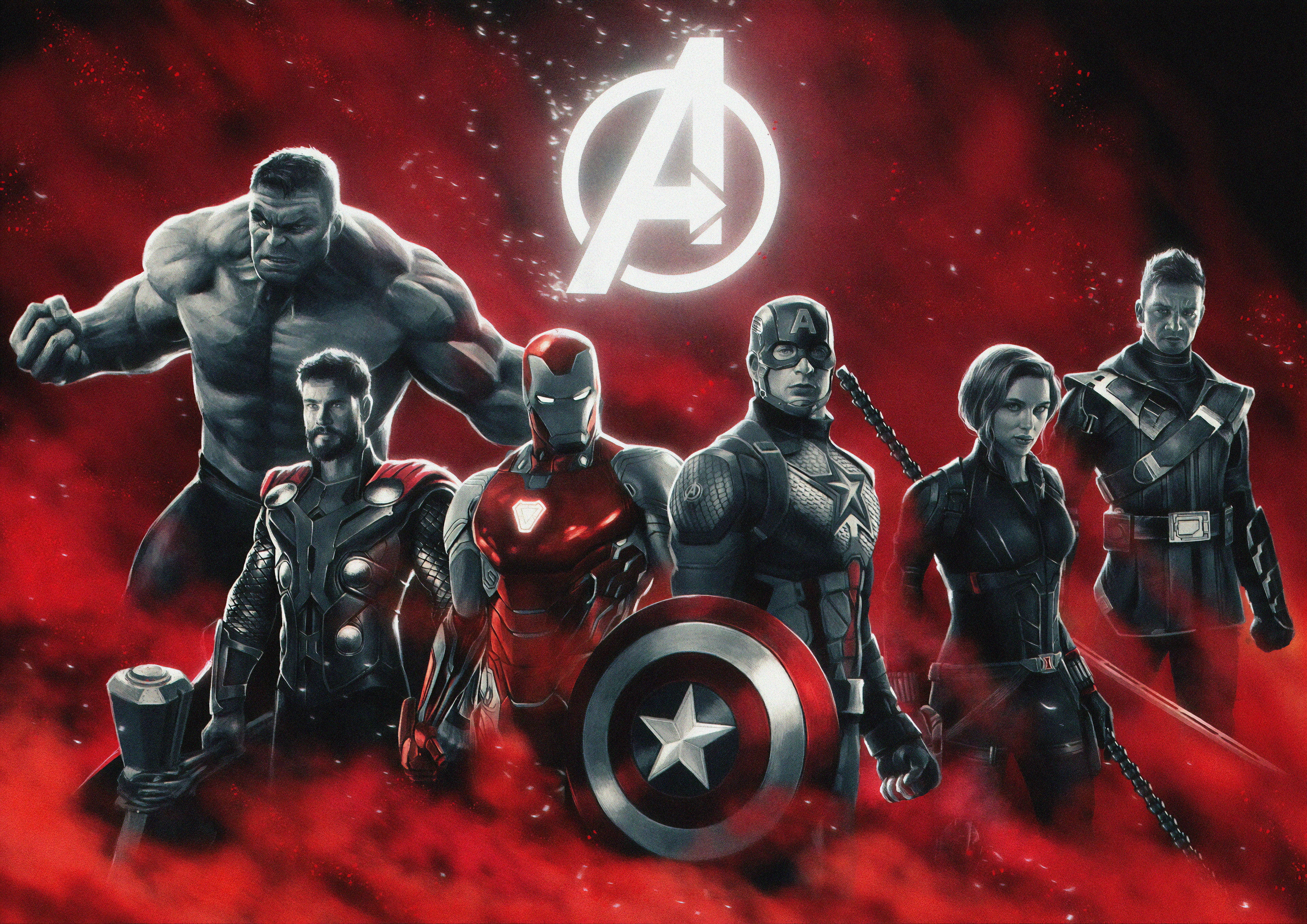 Best Avengers 桌布 壁紙 — 復仇者聯盟團隊英勇地站在熾熱的紅色宇宙背景前，他們標誌性的標誌在上方閃耀。