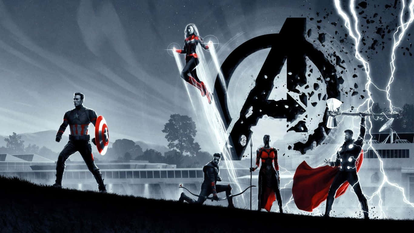 1366x768 Marvel 桌布 壁紙 — 復仇者聯盟在一個戲劇性的黑白場景中集結，身後有閃電和破碎的標誌。