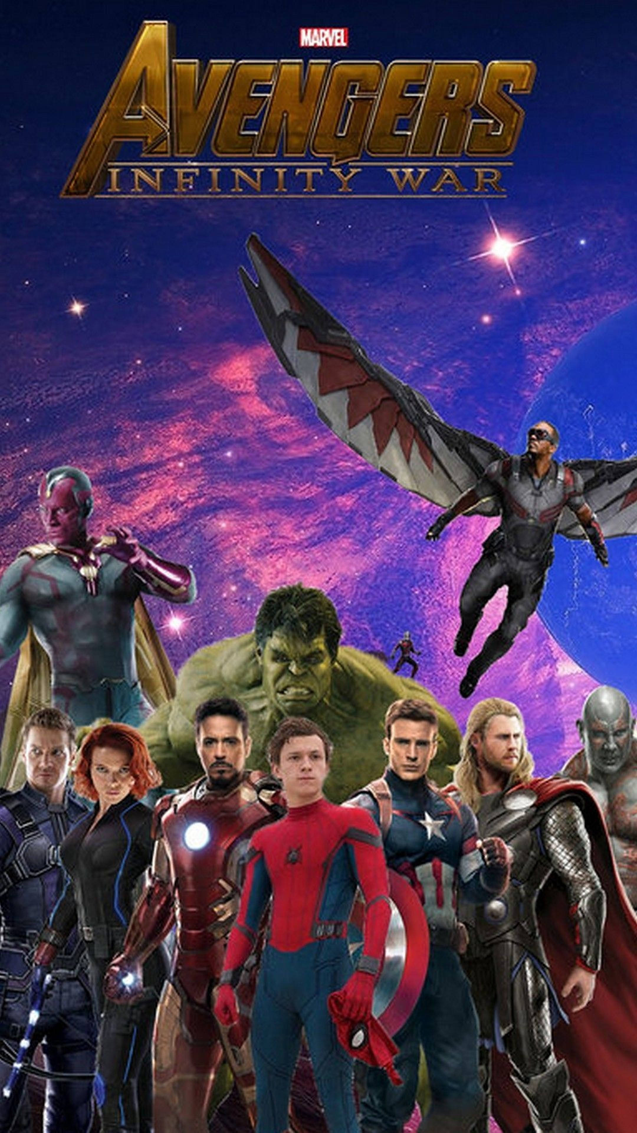 avengers android 桌布 壁紙 — 復仇者聯盟在充滿活力的紫色星雲和閃爍星星的宇宙背景下集結。