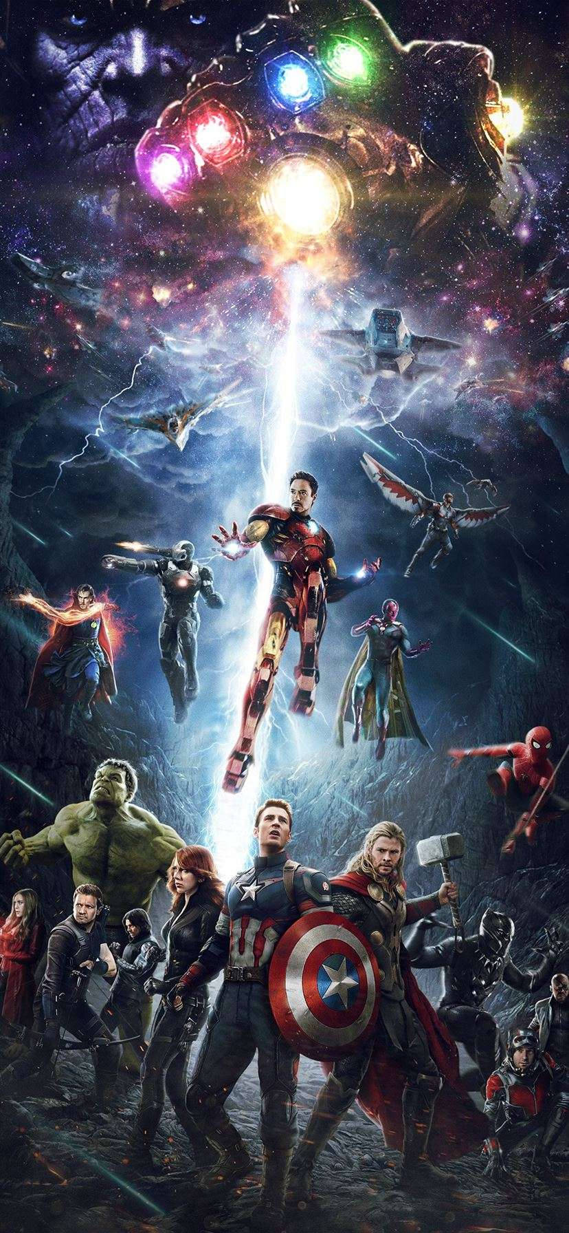 avengers iPhone x 桌布 壁紙 — 復仇者聯盟在宇宙戰鬥中集結，鋼鐵人在發光的無限手套下盤旋。