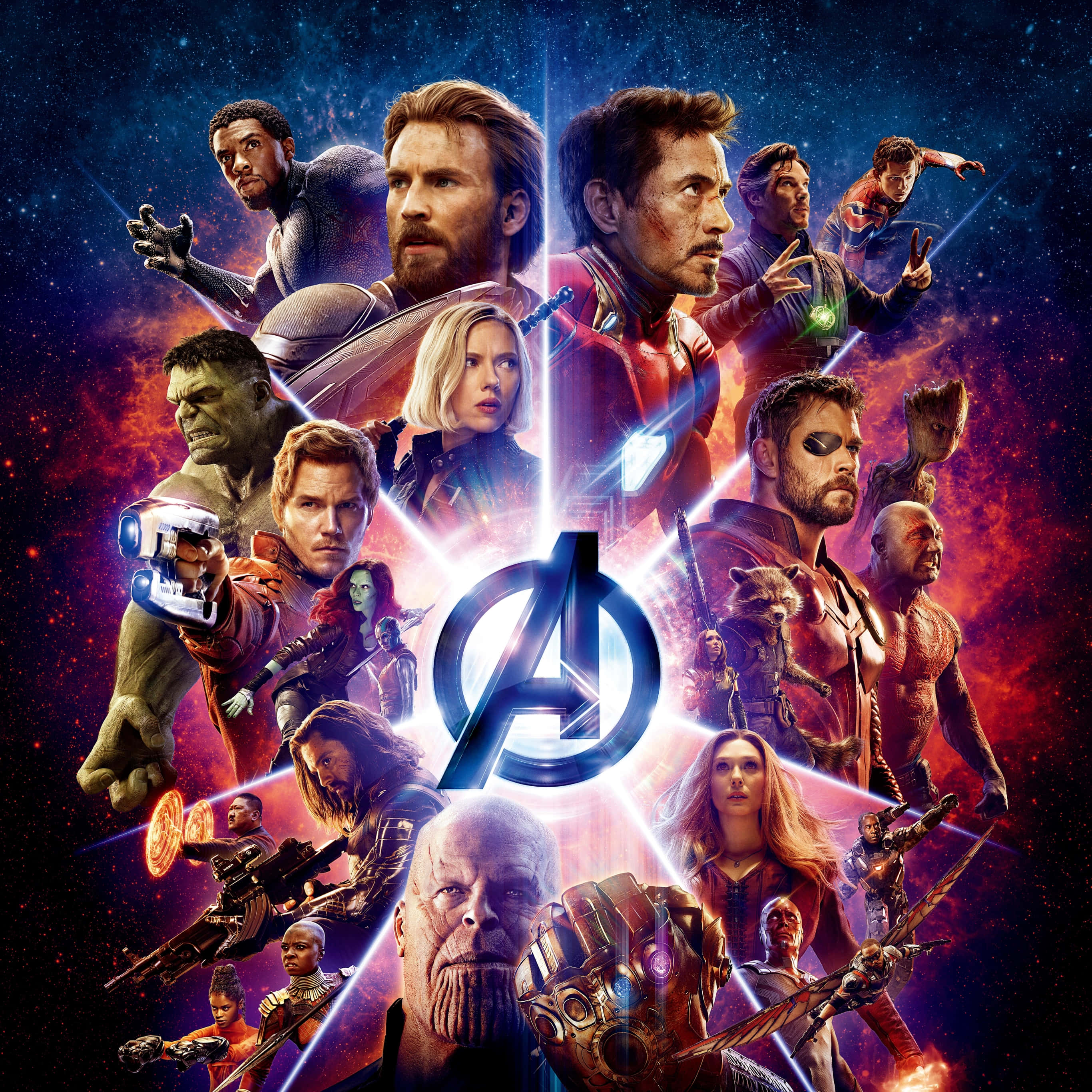 Marvel Profile 桌布 壁紙 — 復仇者聯盟在宇宙戰鬥場景中集結，伴隨著充滿活力的能量光束和星空背景。