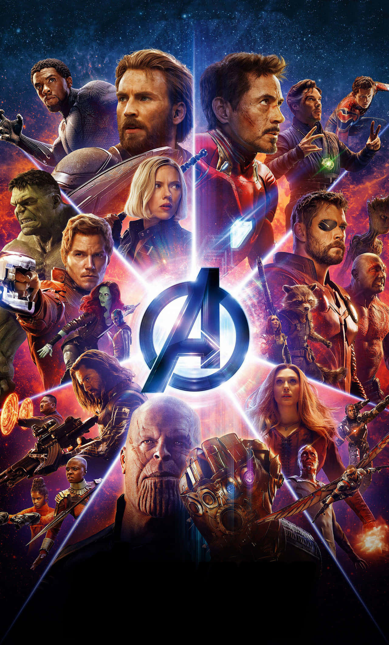 Avengers Endgame iPhone 桌布 壁紙 — 復仇者聯盟在宇宙戰鬥場景中集結，薩諾斯潛伏在發光的復仇者聯盟標誌下方。