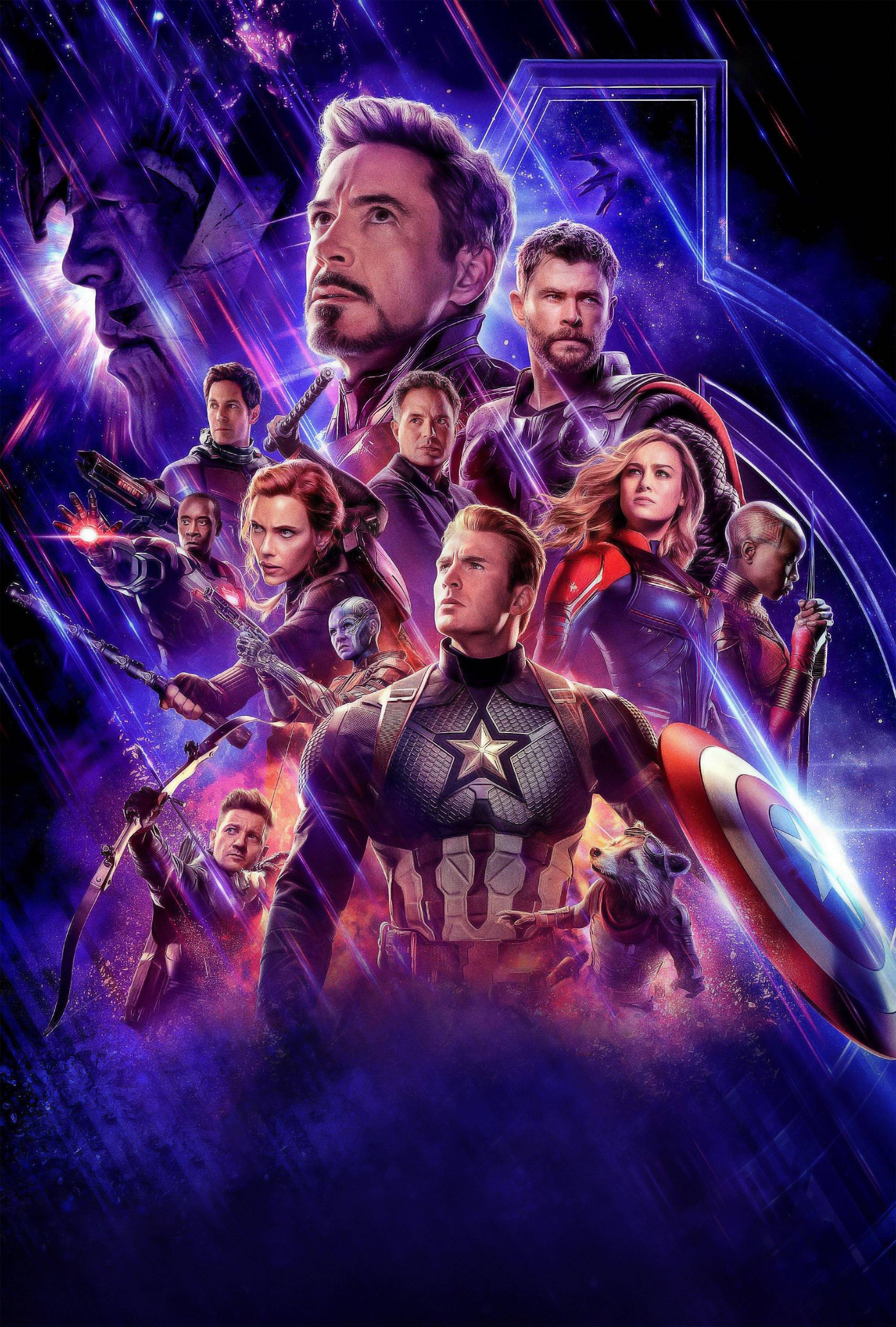 avengers android 桌布 壁紙 — 復仇者聯盟在宇宙紫色風暴中集結，美國隊長手持盾牌站在最前面。
