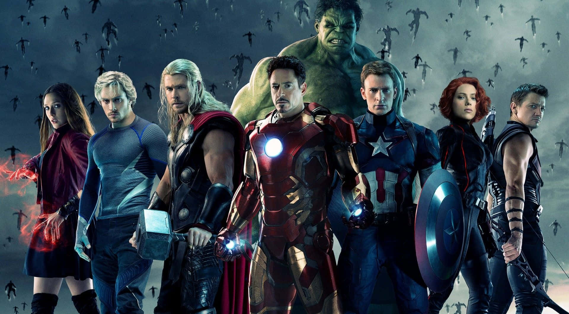 Marvel Movie 桌布 壁紙 — 復仇者聯盟在戲劇性的暴風雨天空中集結，身後有飛翔的人物。