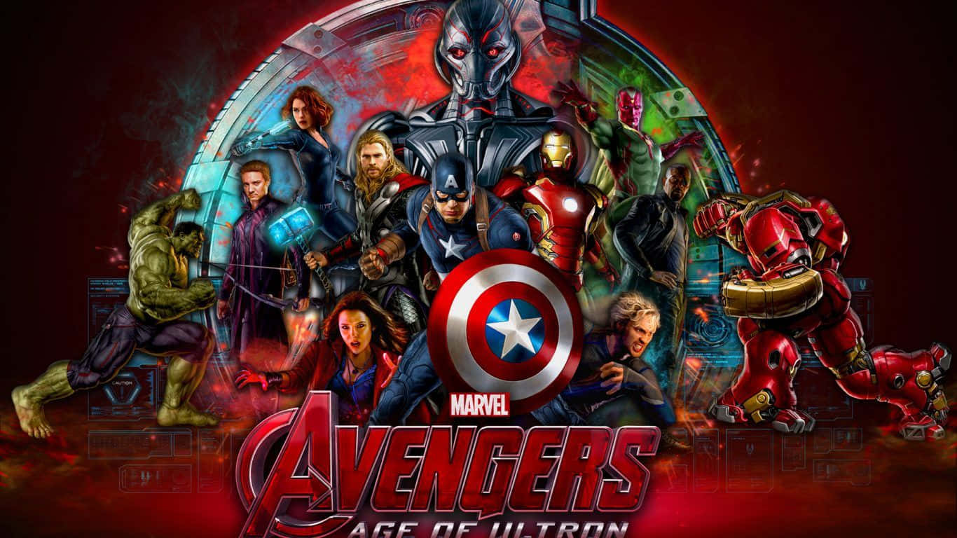 1366x768 Marvel 桌布 壁紙 — 復仇者聯盟在戲劇性的紅藍宇宙場景中集結，美國隊長的盾牌位於中心。
