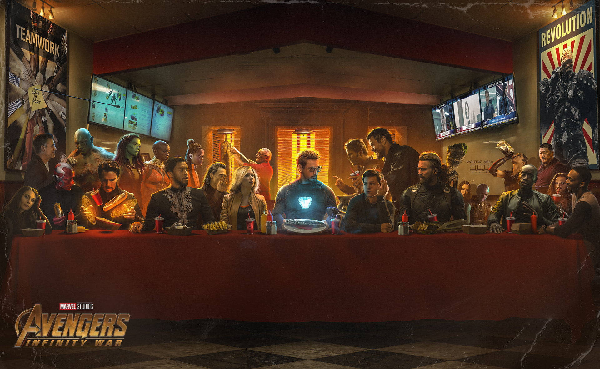 Marvel Avengers 桌布 壁紙 — 復仇者聯盟在昏暗的餐廳裡聚集在一張長桌旁，用發光的科技和超級英雄海報重新詮釋最後的晚餐。