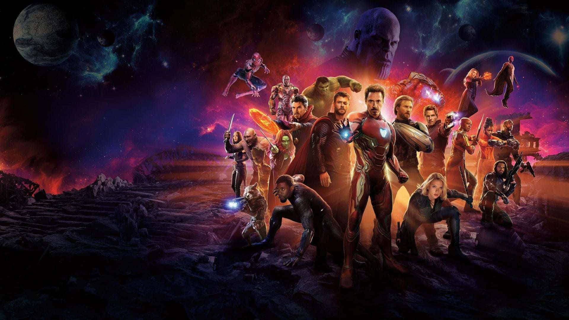 Marvel Movie 桌布 壁紙 — 復仇者聯盟在星空下的宇宙戰場集結，薩諾斯在背景中虎視眈眈。