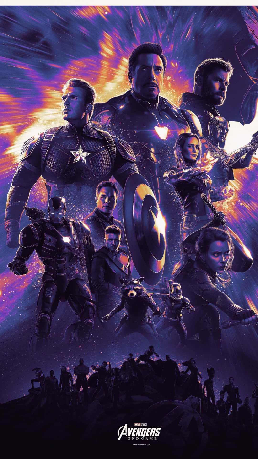 Avengers Endgame iPhone 桌布 壁紙 — 復仇者聯盟在星際虛空中，以紫色、金色和藍色能量的宇宙爆炸中集結。