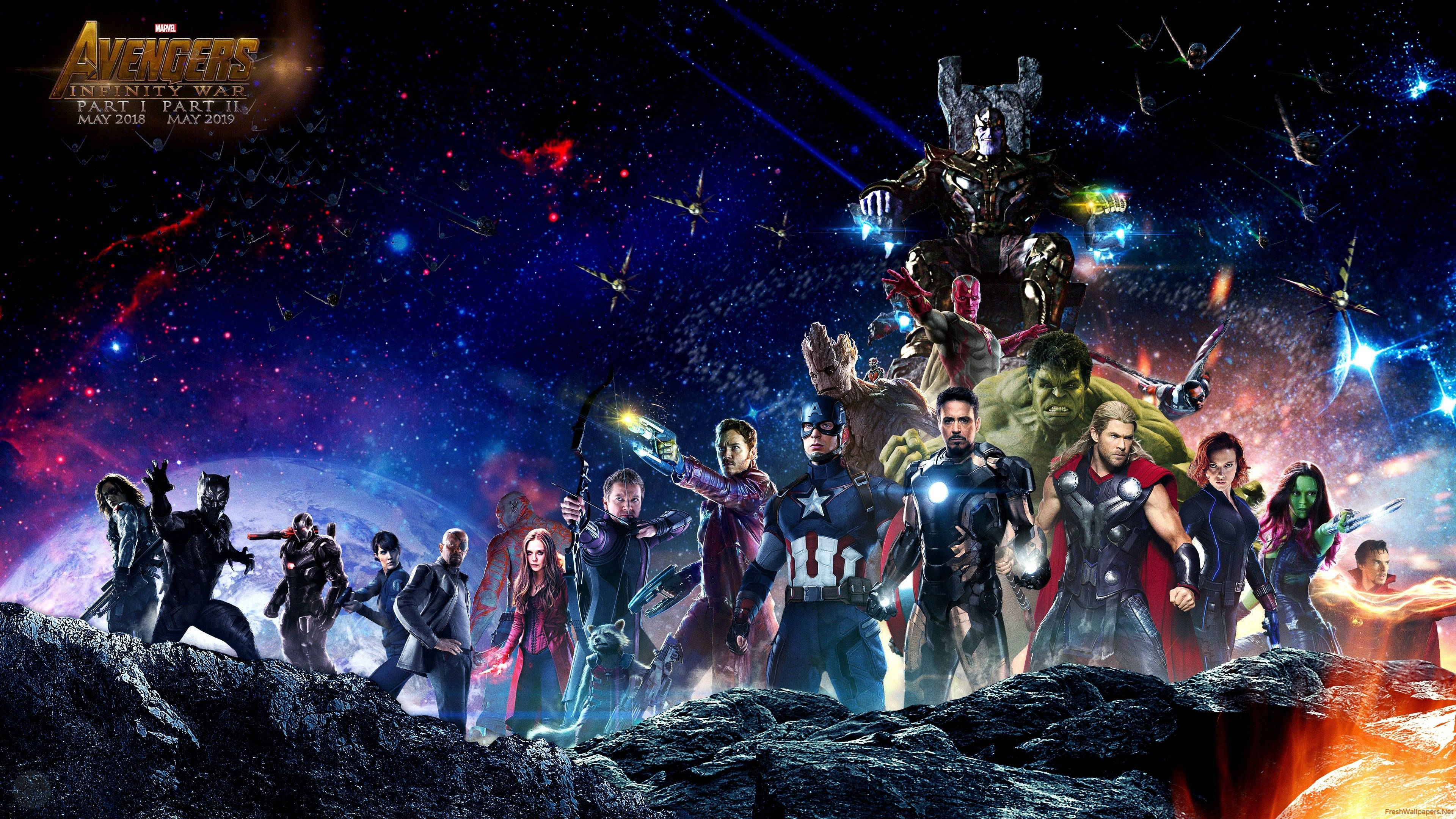 4K Marvel 壁紙 桌布 壁紙 — 復仇者聯盟在星雲星空下，以發光能量效果對抗薩諾斯的宇宙戰場集結。