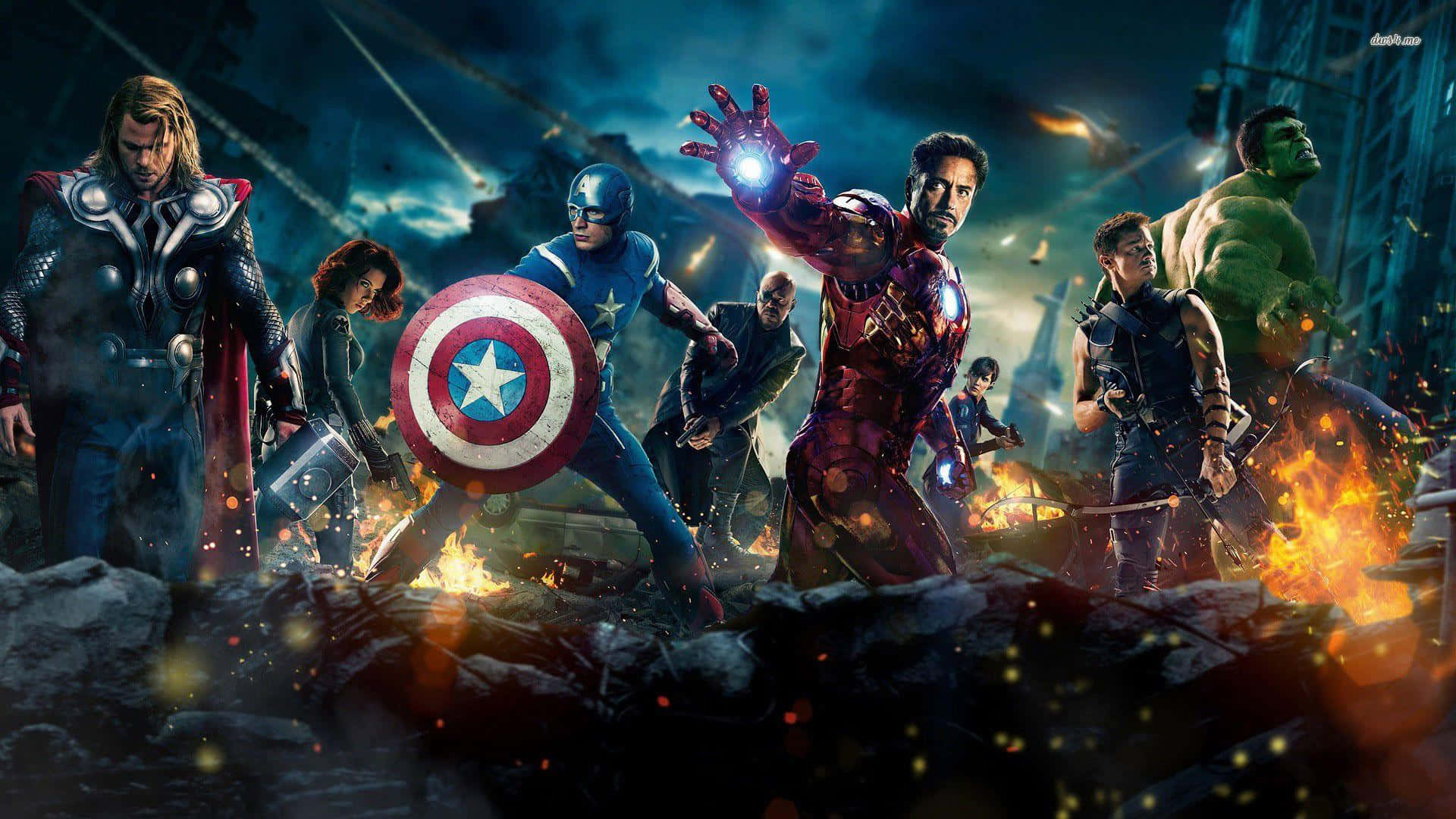 Marvel Universe 桌布 壁紙 — 復仇者聯盟在暴風雨天空下，於烈火熊熊的城市戰場集結，伴隨著發光的能量和飛揚的碎片。