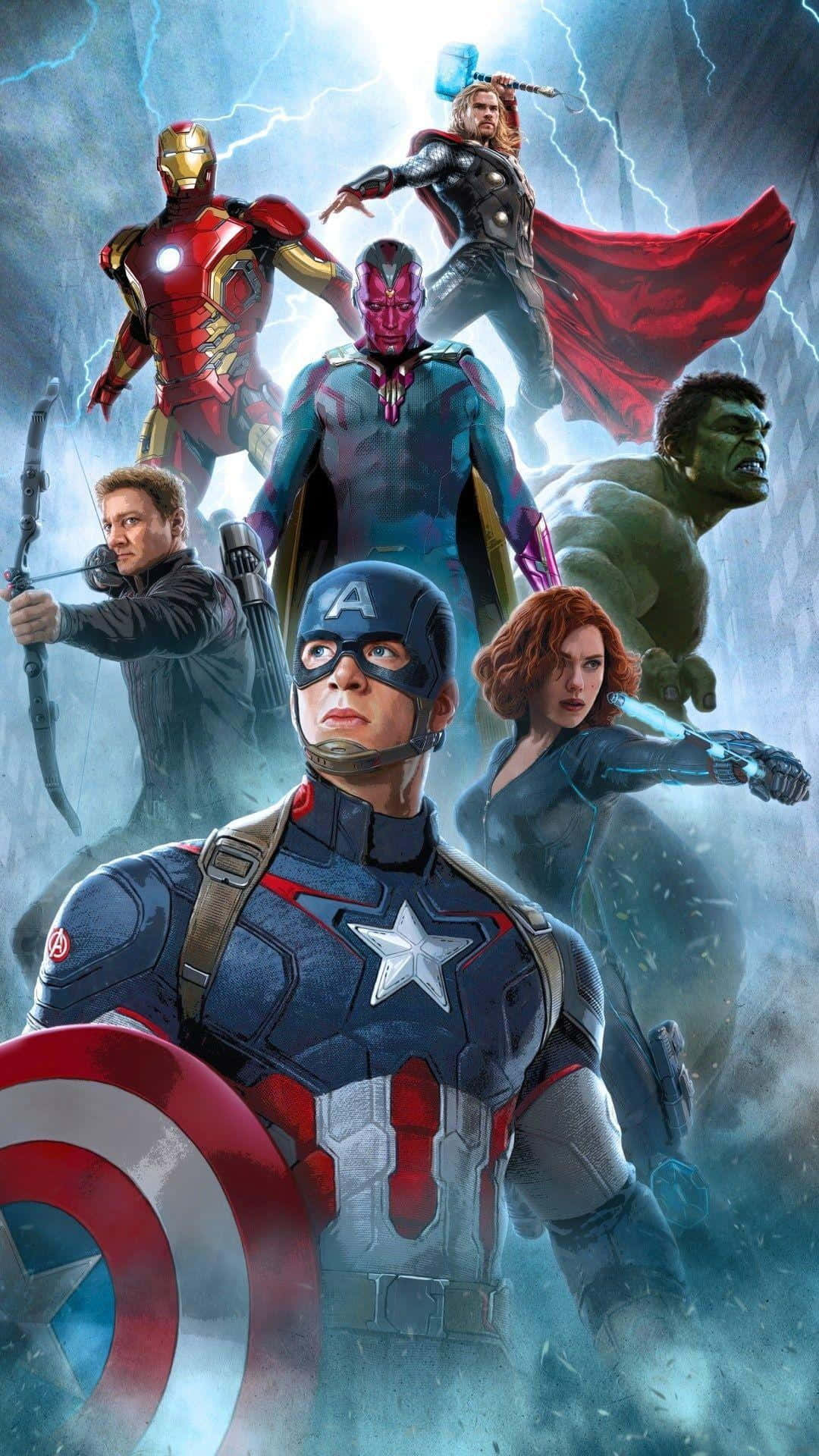 漫威 桌布 壁紙 — 復仇者聯盟在暴風雨的天空中集結，閃電在他們身後劃過，美國隊長帶領團隊。