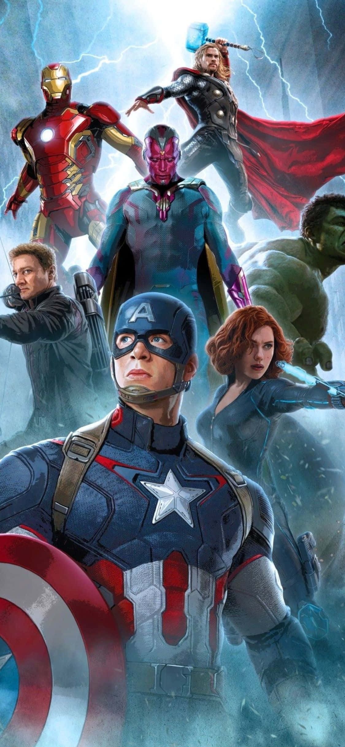 Avengers Movie 桌布 壁紙 — 復仇者聯盟在暴風雨的天空中集結，閃電在他們周圍劈啪作響，擺出英雄姿態。