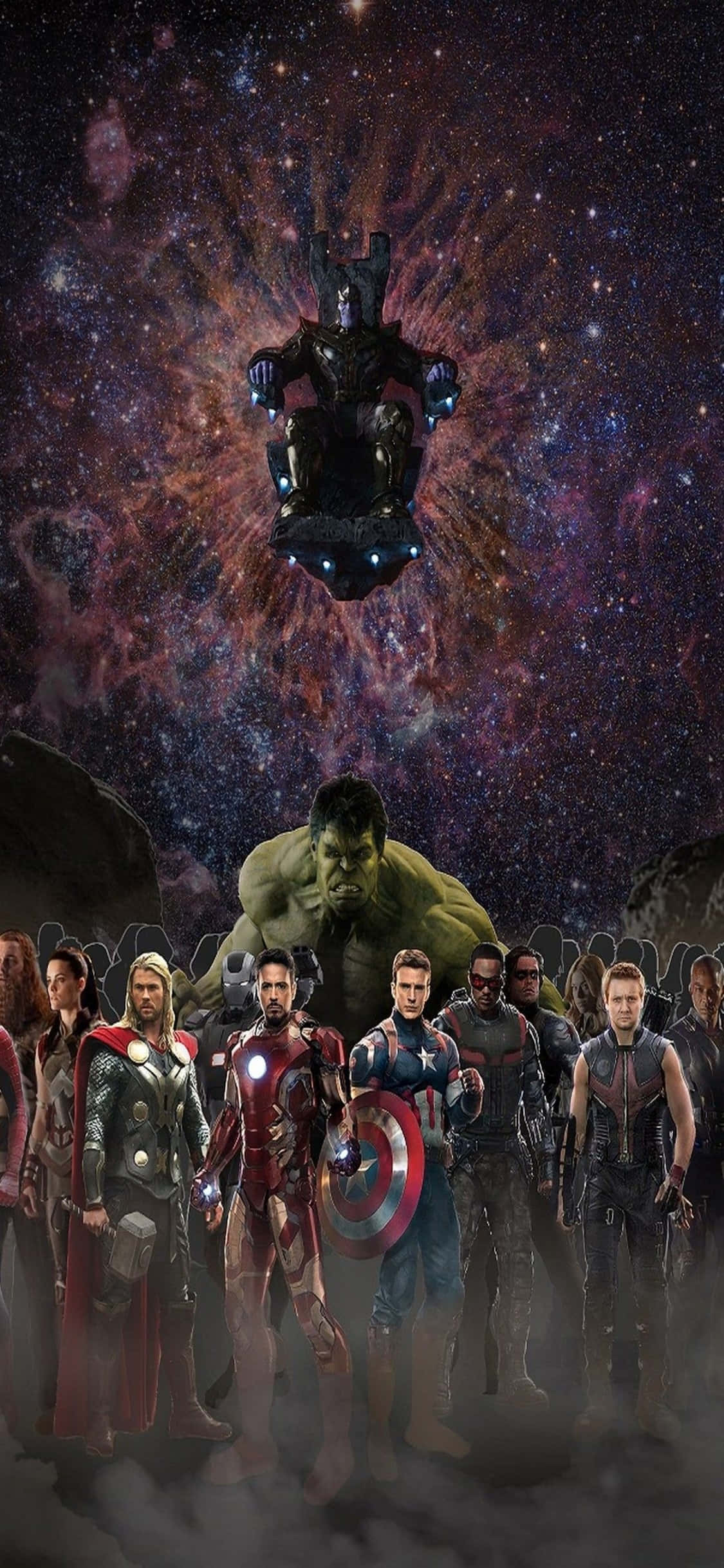iPhone Xs Marvel's Avengers 桌布 壁紙 — 復仇者聯盟在浮動的薩諾斯王座下，以充滿活力的星雲為背景，集結於宇宙戰場。