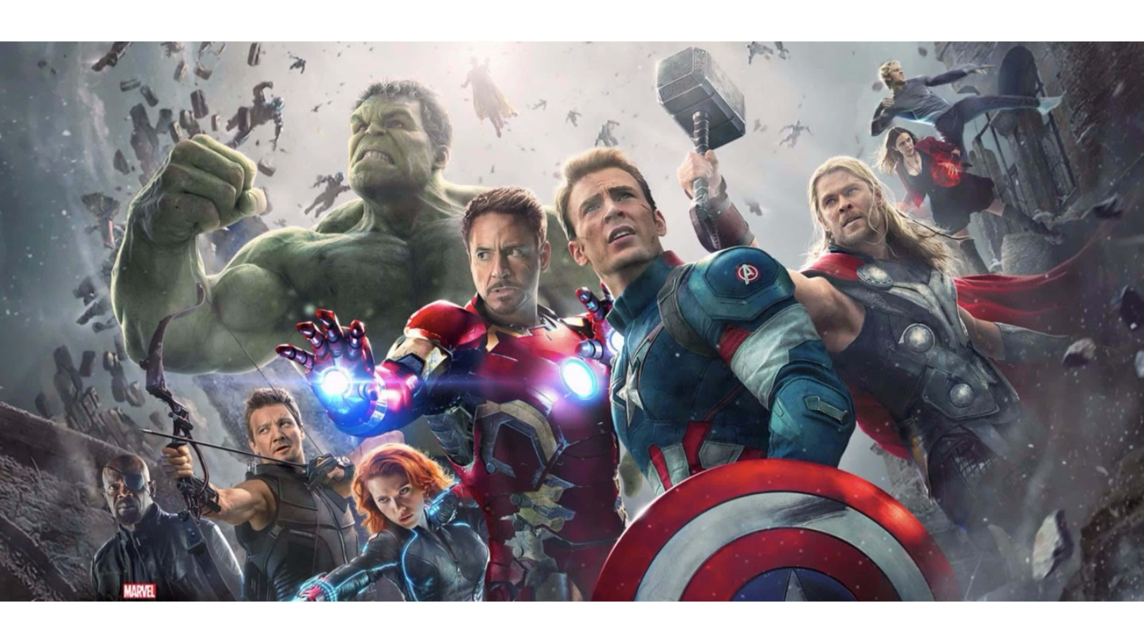 4K Marvel's Avengers 桌布 壁紙 — 復仇者聯盟在混亂的戰鬥場景中集結，由浩克、索爾、鋼鐵人和美國隊長領軍。