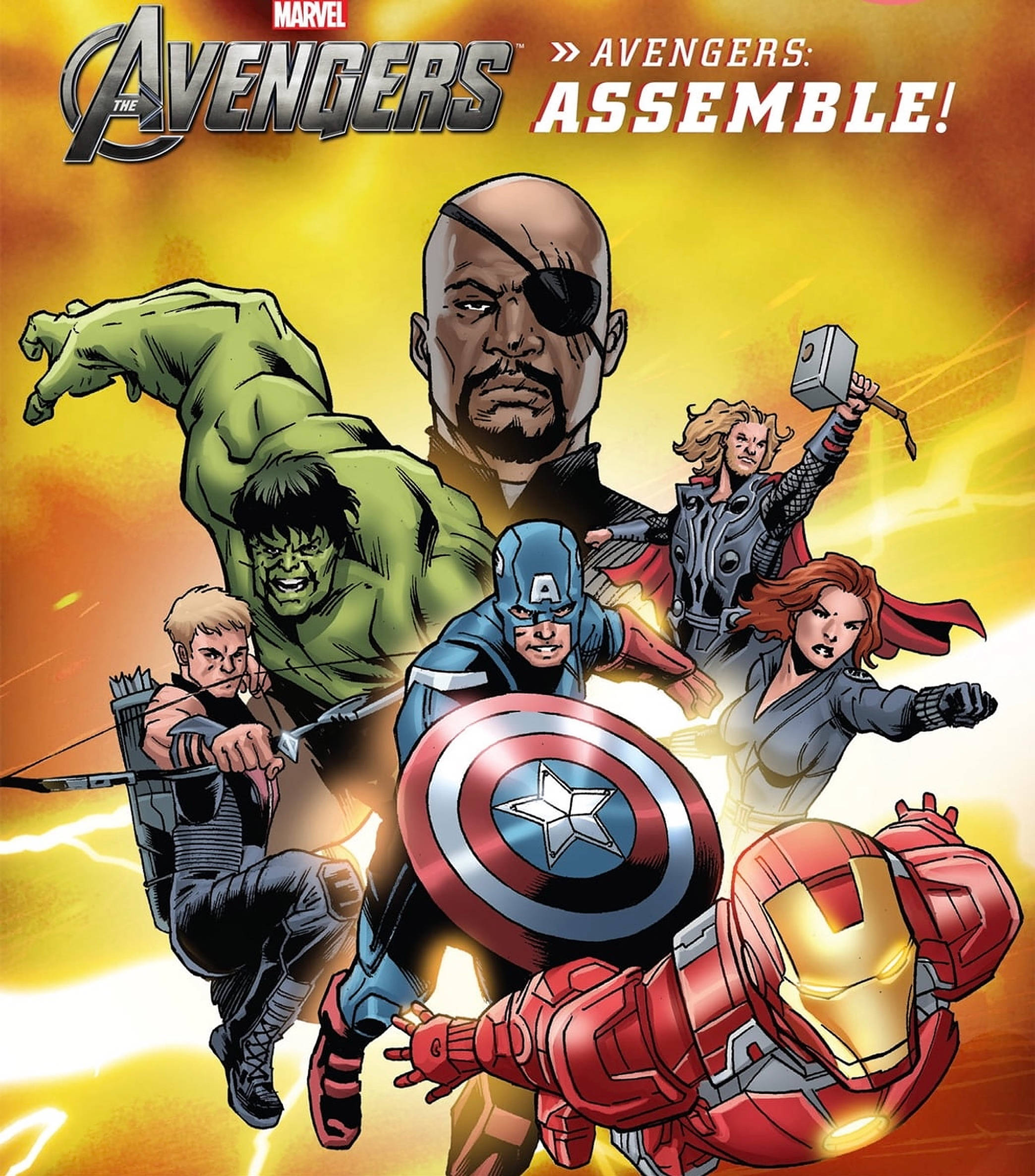 Assemble 桌布 壁紙 — 復仇者聯盟在熾熱金色背景上以動態漫畫動作集結。