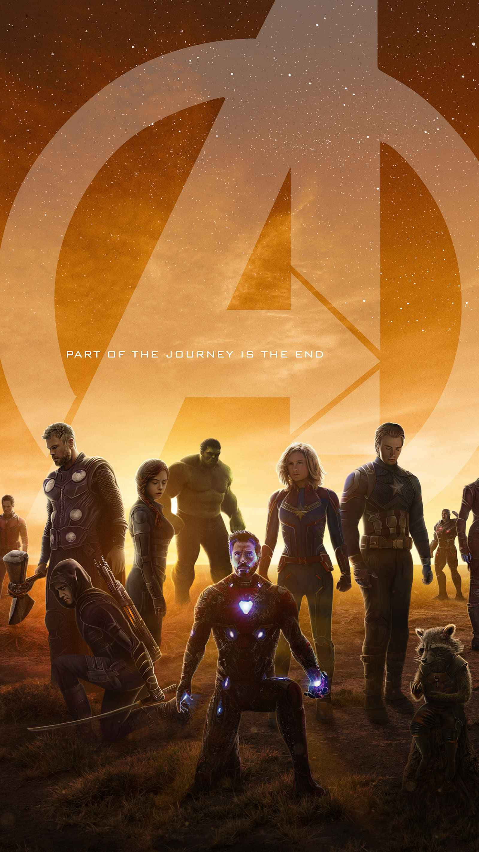 Avengers Endgame iPhone 桌布 壁紙 — 復仇者聯盟在發光的宇宙標誌下團結一致，金色光芒沐浴著他們身後的戰場。