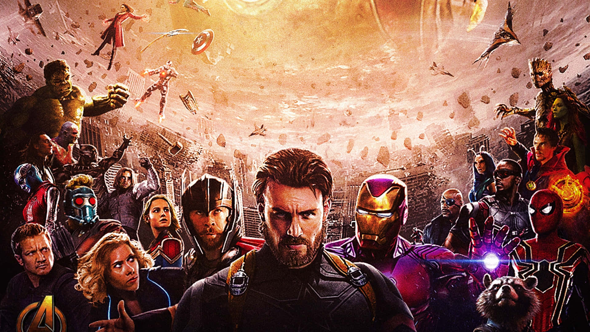 Avengers Movie 桌布 壁紙 — 復仇者聯盟在金色天空下，於一場混亂的戰鬥場景中集結，城市景觀崩塌，英雄們飛翔。