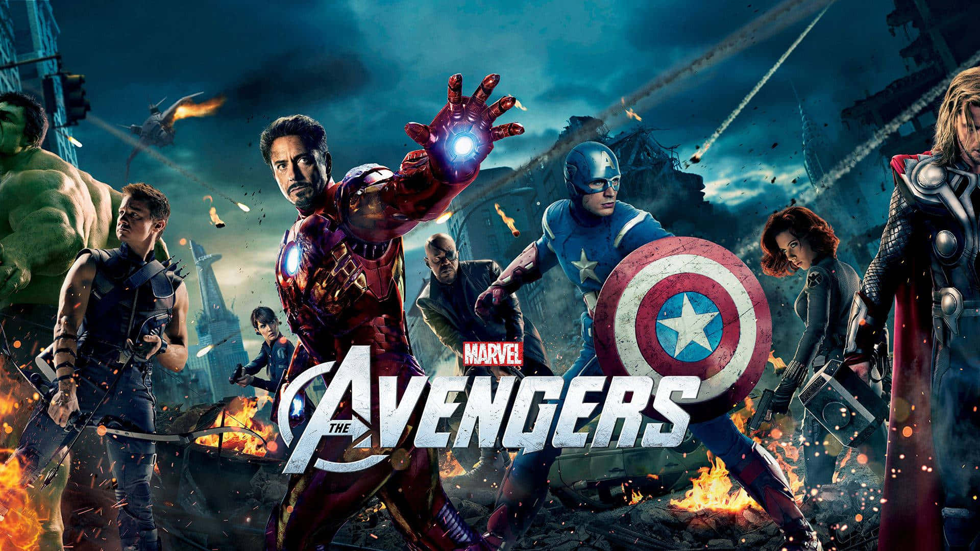 4K Captain America 桌布 壁紙 — 復仇者聯盟在風暴天空下，於一個充滿瓦礫和爆炸的熾熱城市戰場集結。