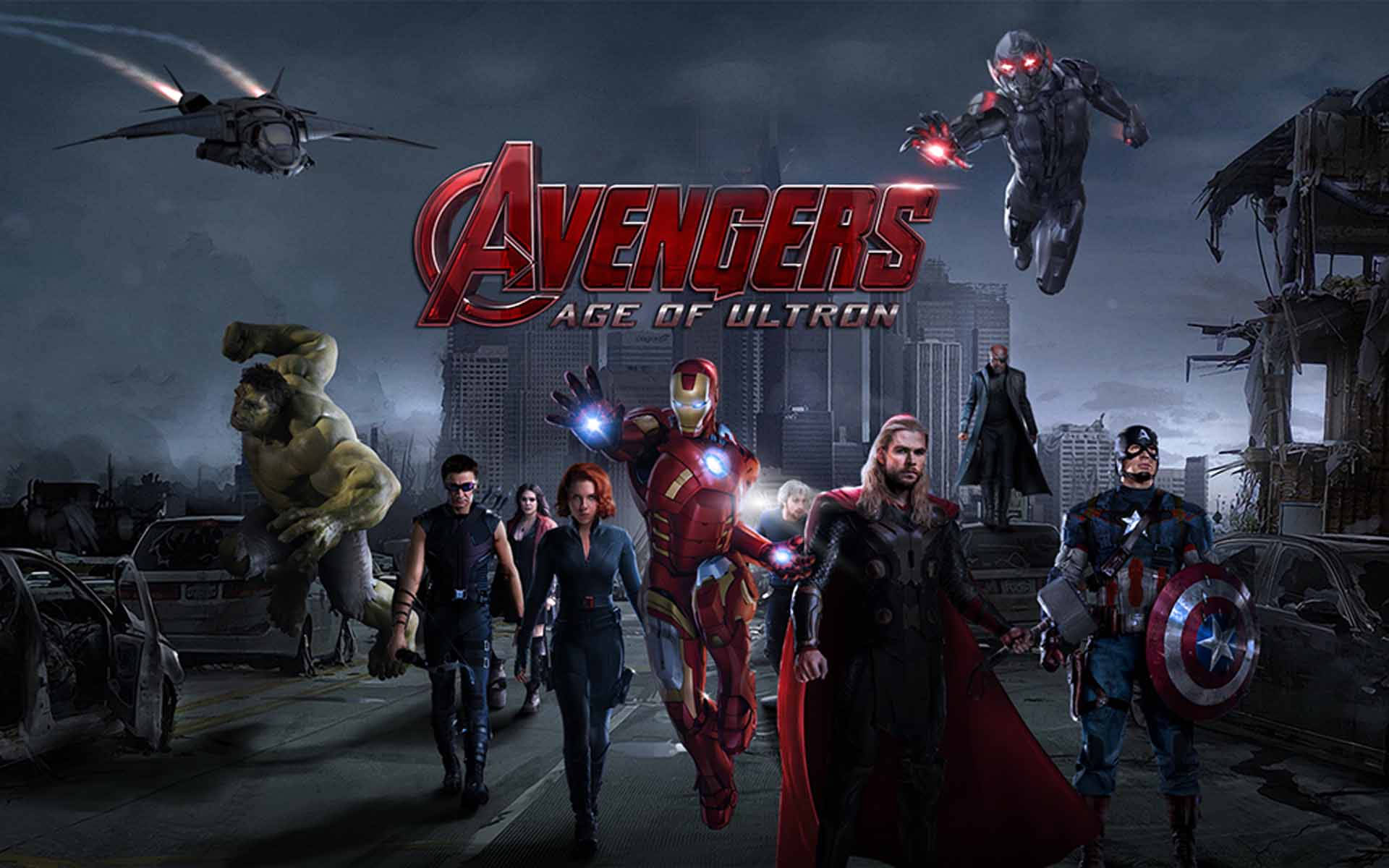 Ultron 桌布 壁紙 — 復仇者聯盟在風暴天空下的廢墟城市景觀中集結，伴隨著飛行車輛和發光科技。