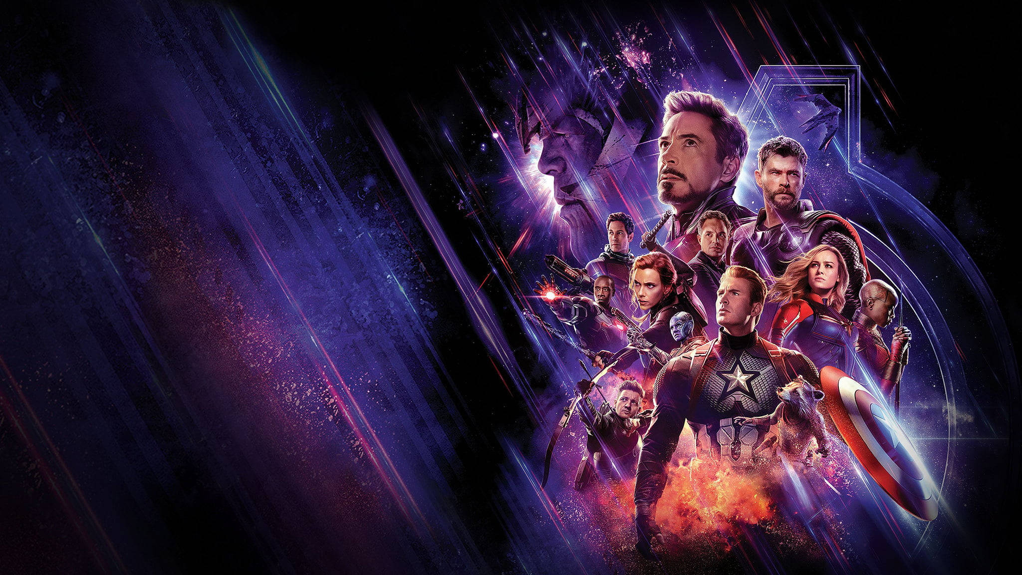 Marvel Avengers 桌布 壁紙 — 復仇者聯盟在黑暗星空背景下，於紫色和橙色能量的宇宙爆發中集結。