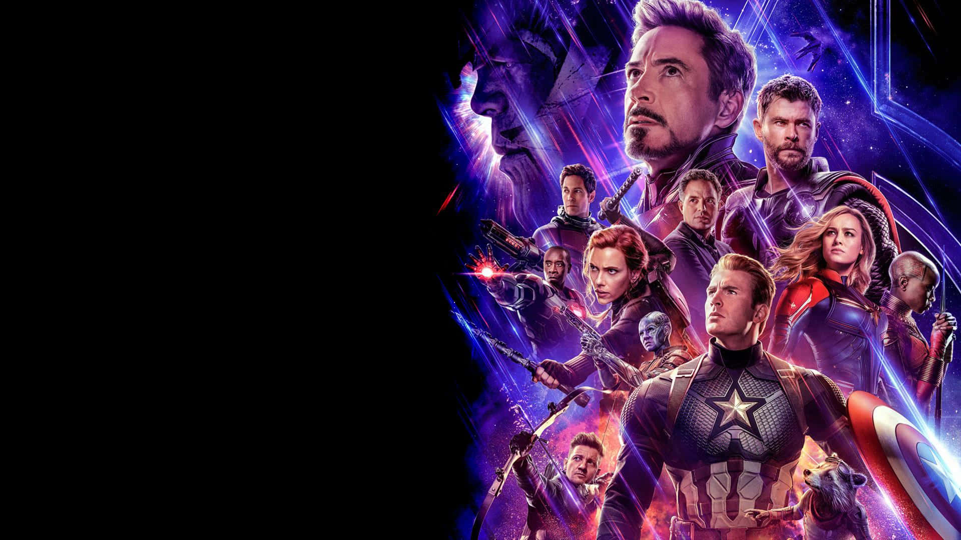 Endgame 桌布 壁紙 — 復仇者聯盟在黑暗虛空中，以紫色和藍色能量的宇宙爆發集結。