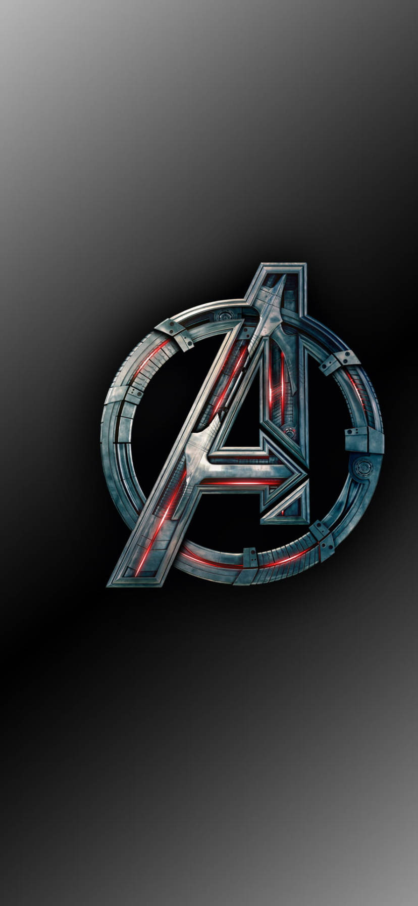 marvel iPhone xr 桌布 壁紙 — 復仇者聯盟標誌在深色漸變背景上閃耀著金屬光澤和發光的紅色點綴。